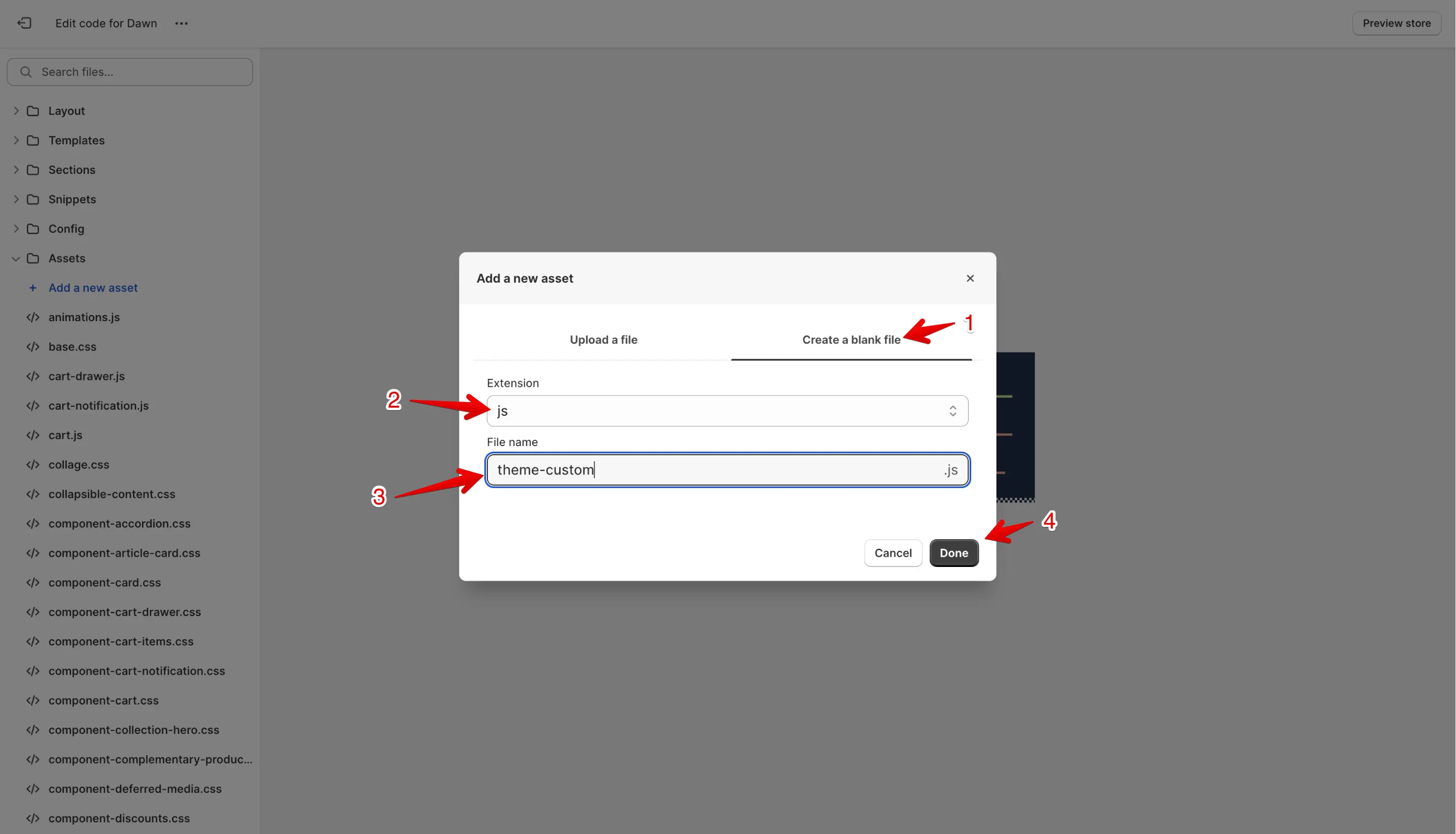 Create a new JavaScript file in the Shopify cloud code editor.