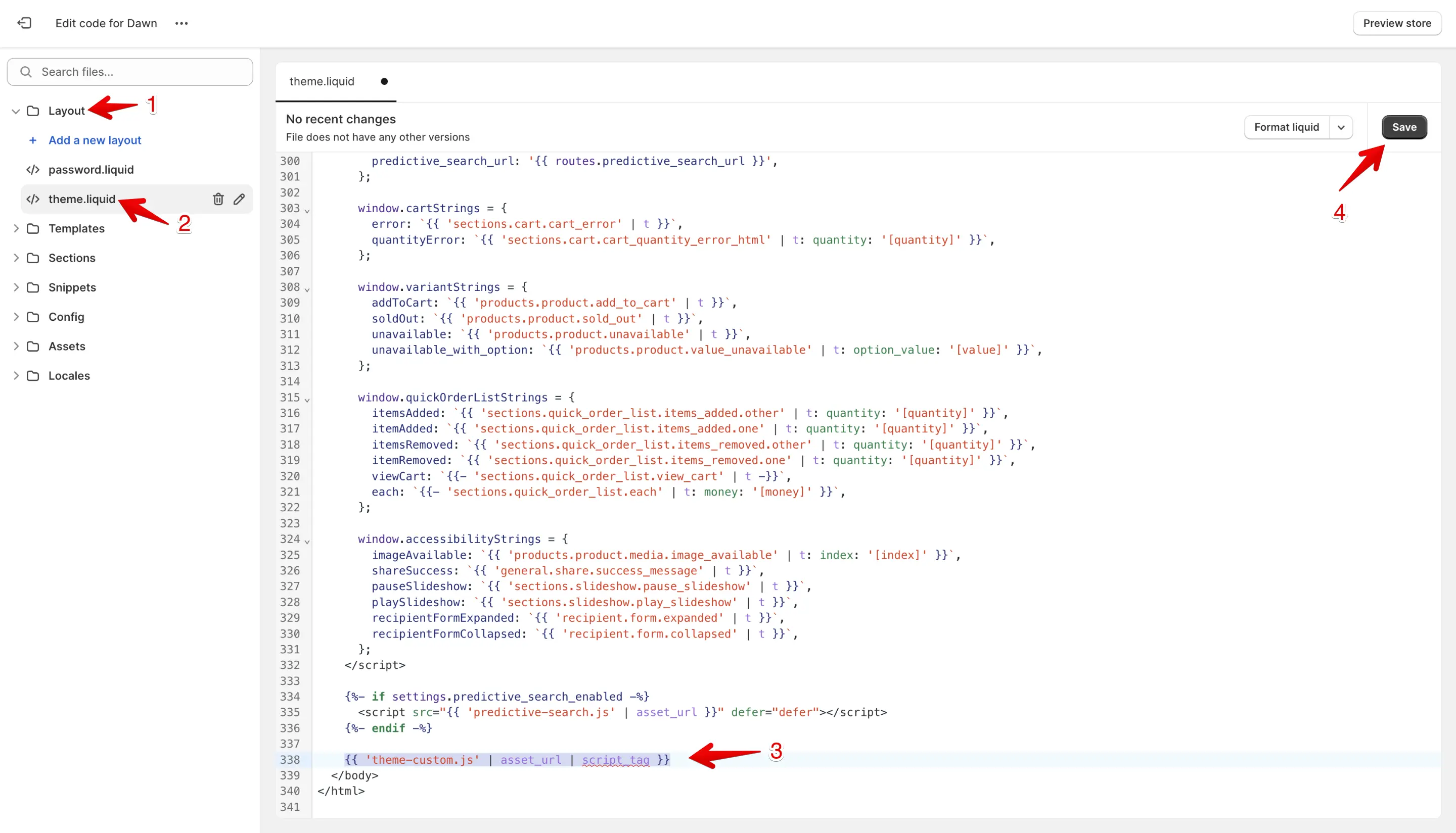 Integration of the JavaScript tag inside the Shopify theme.