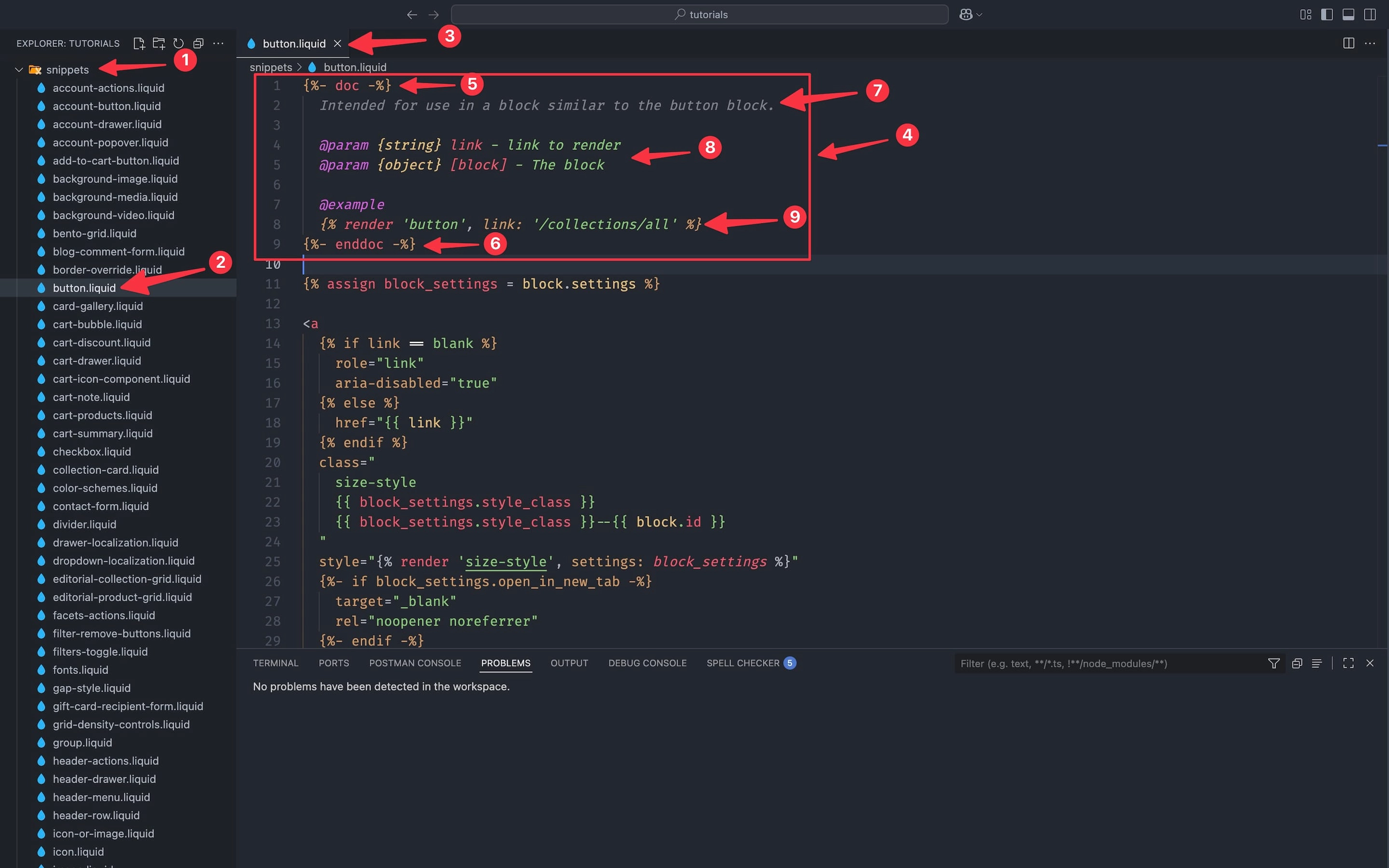 Shopify Liquid Doc on a snippet showing documentation structure with parameters and examples