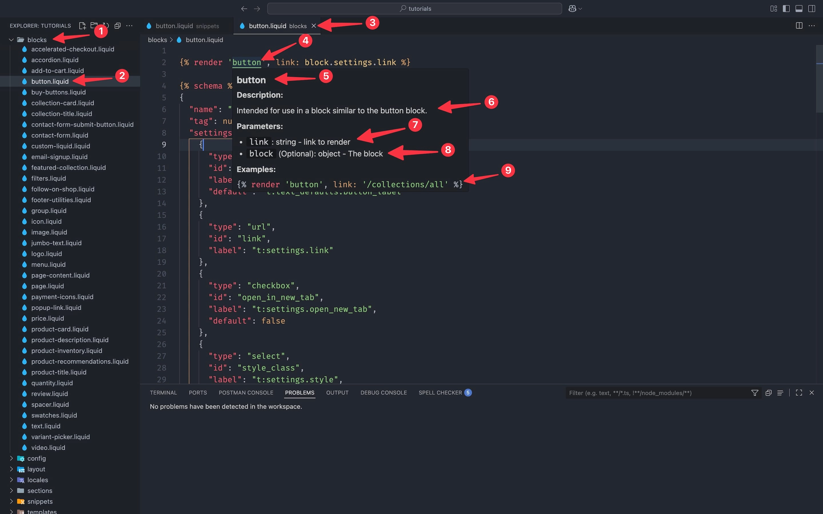 Shopify Liquid Doc hover documentation tooltip showing snippet details and parameter information