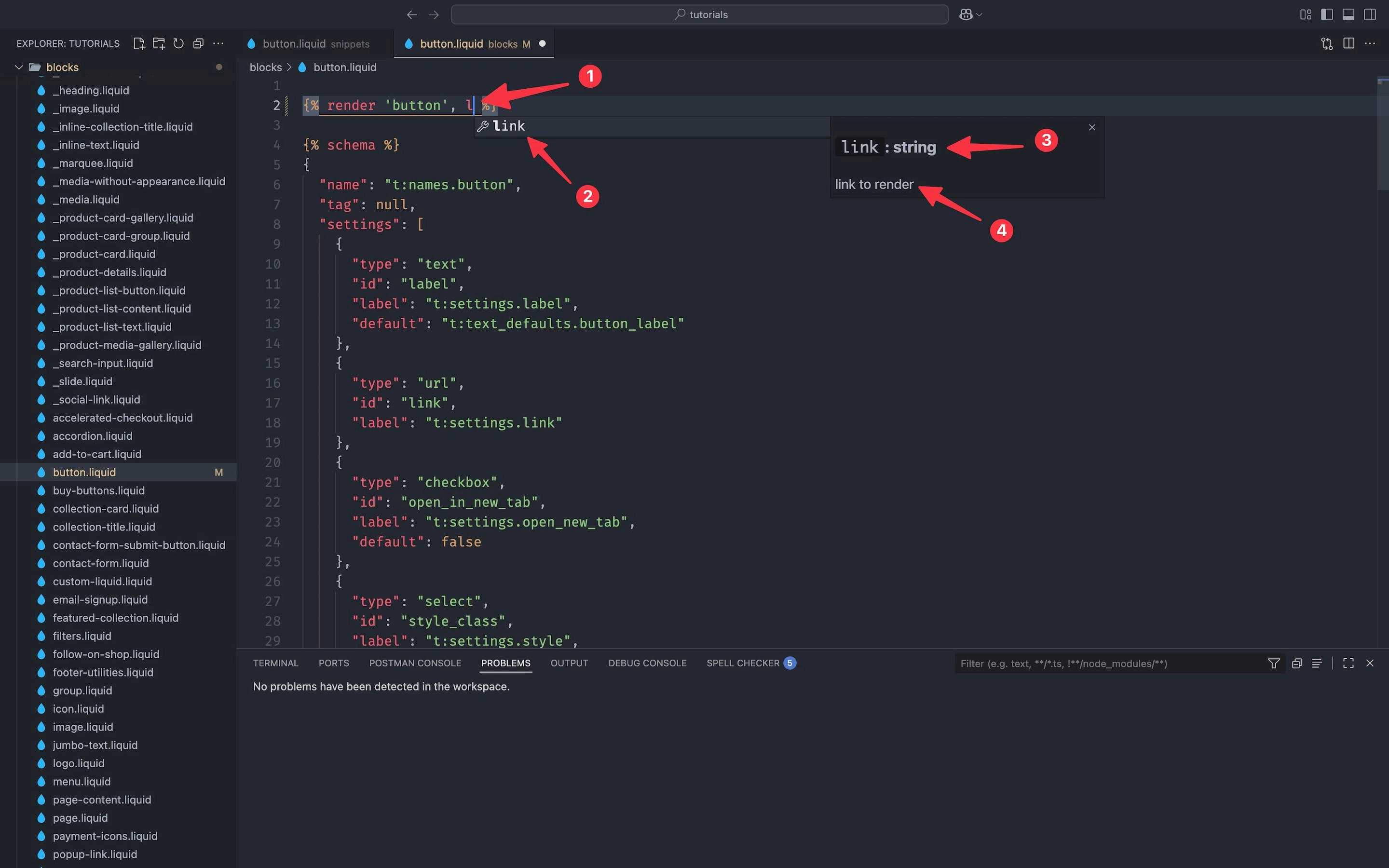 Shopify Liquid Doc code completion showing autocomplete suggestions with parameter types and descriptions