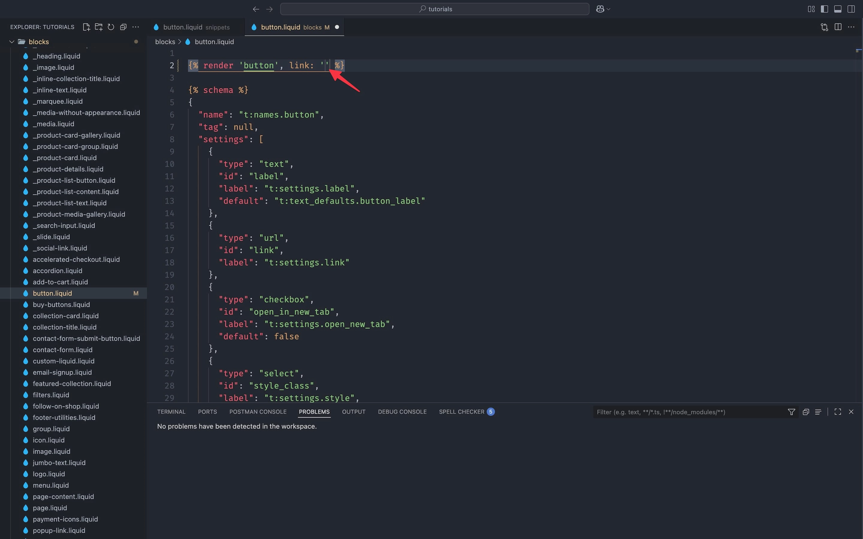 Shopify Liquid Doc code completed from snippet documentation with cursor positioned for value input