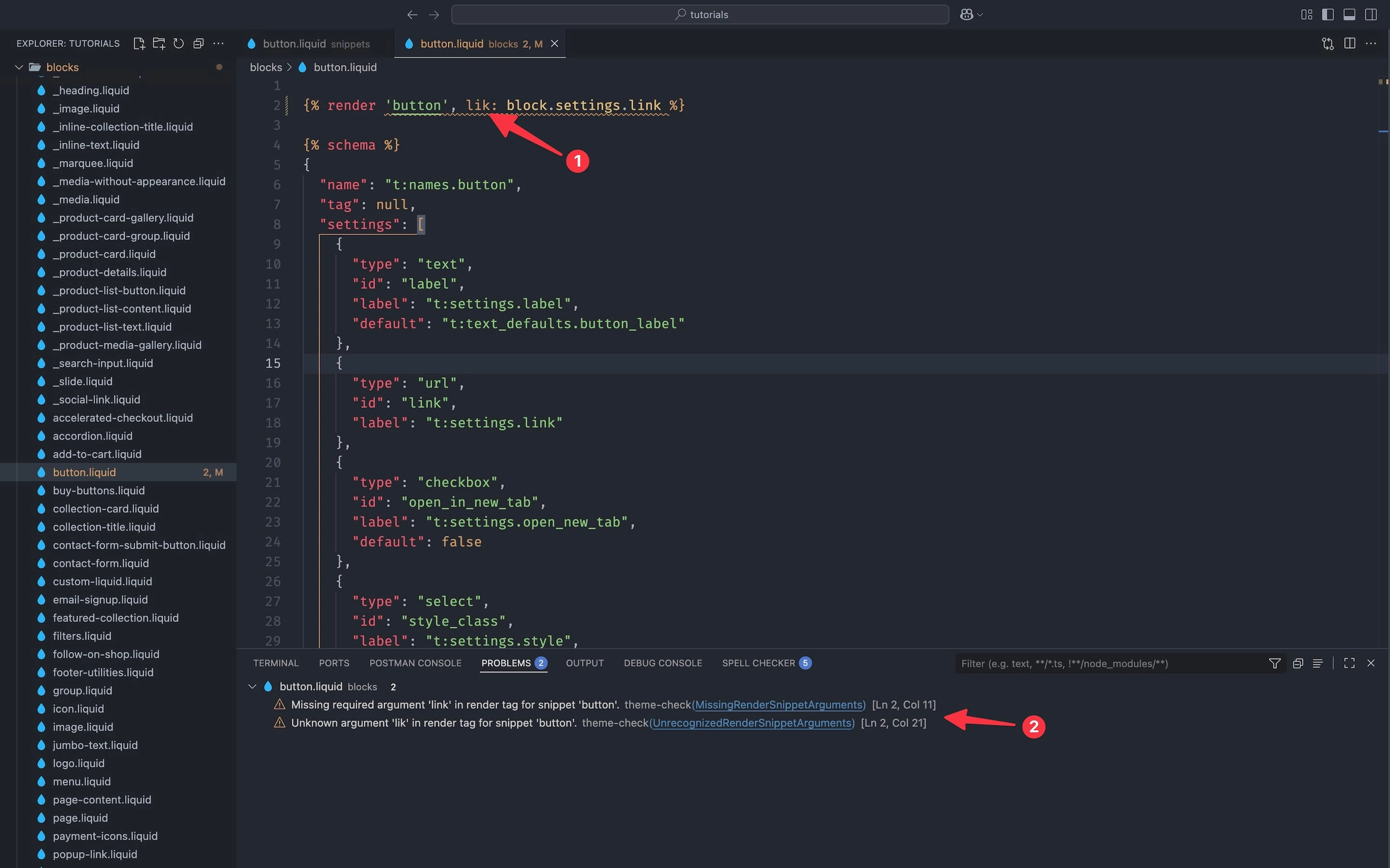 Shopify Theme Check warning in editor and Problems panel showing misspelled parameter