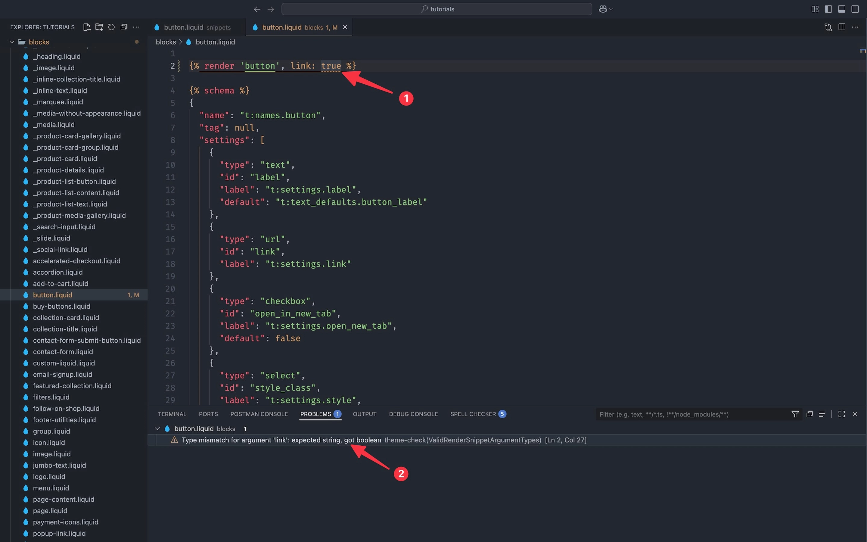 Theme Check type validation warning showing expected string but got boolean