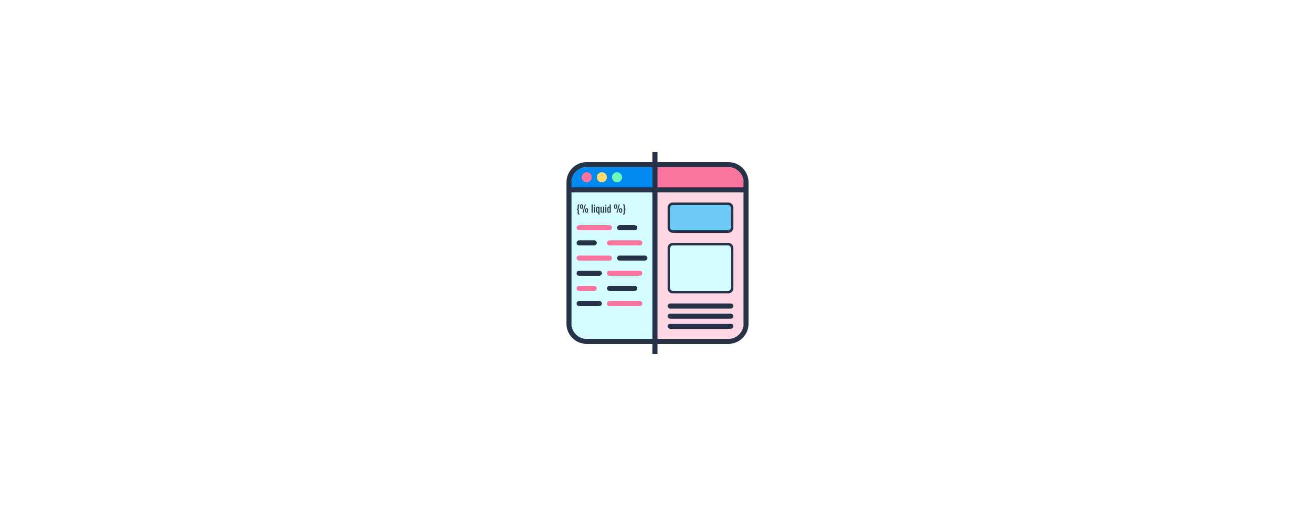 A browser icon split in two, with code displayed on the left side and a front-end website view on the right side.