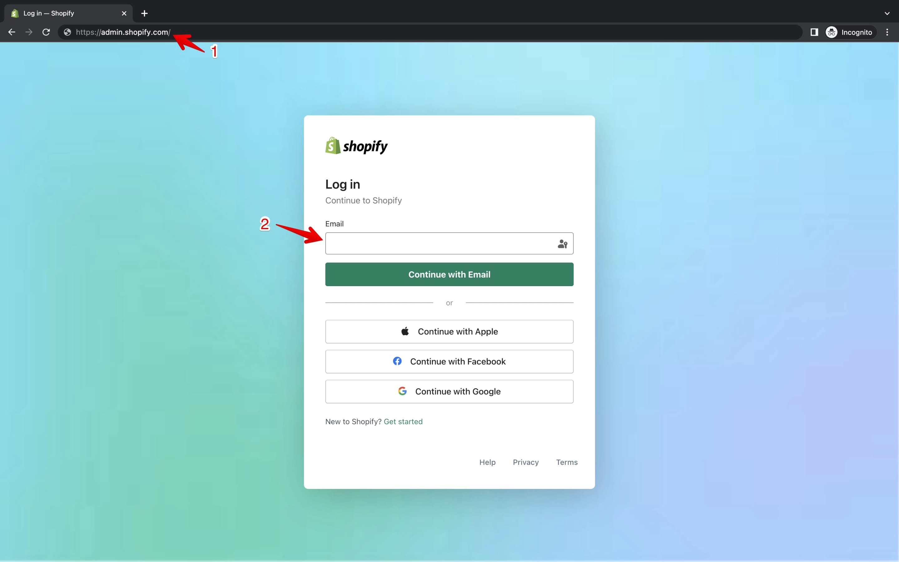 Shopify dashboard login page with store name field