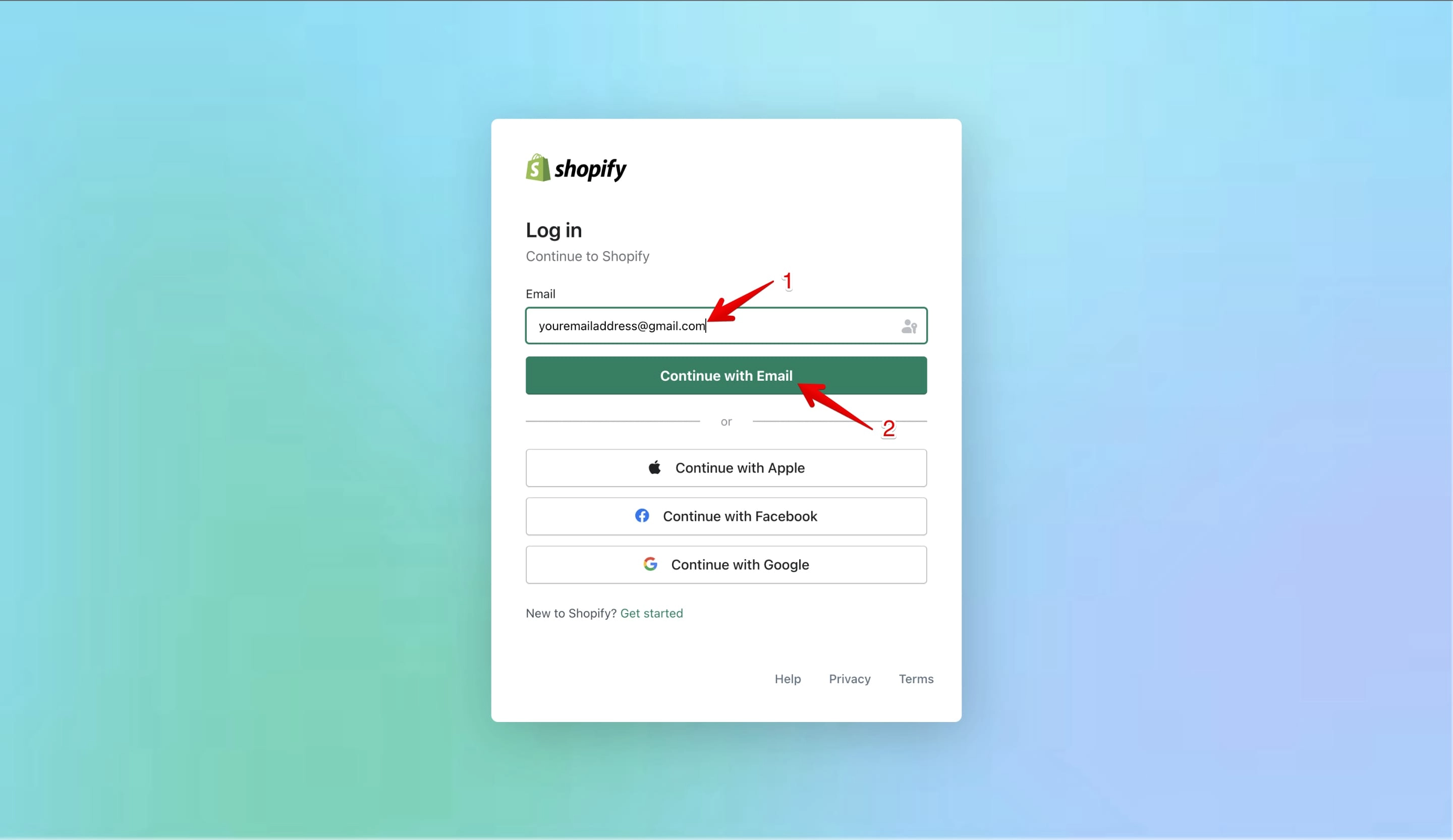Email address input field on the Shopify login page