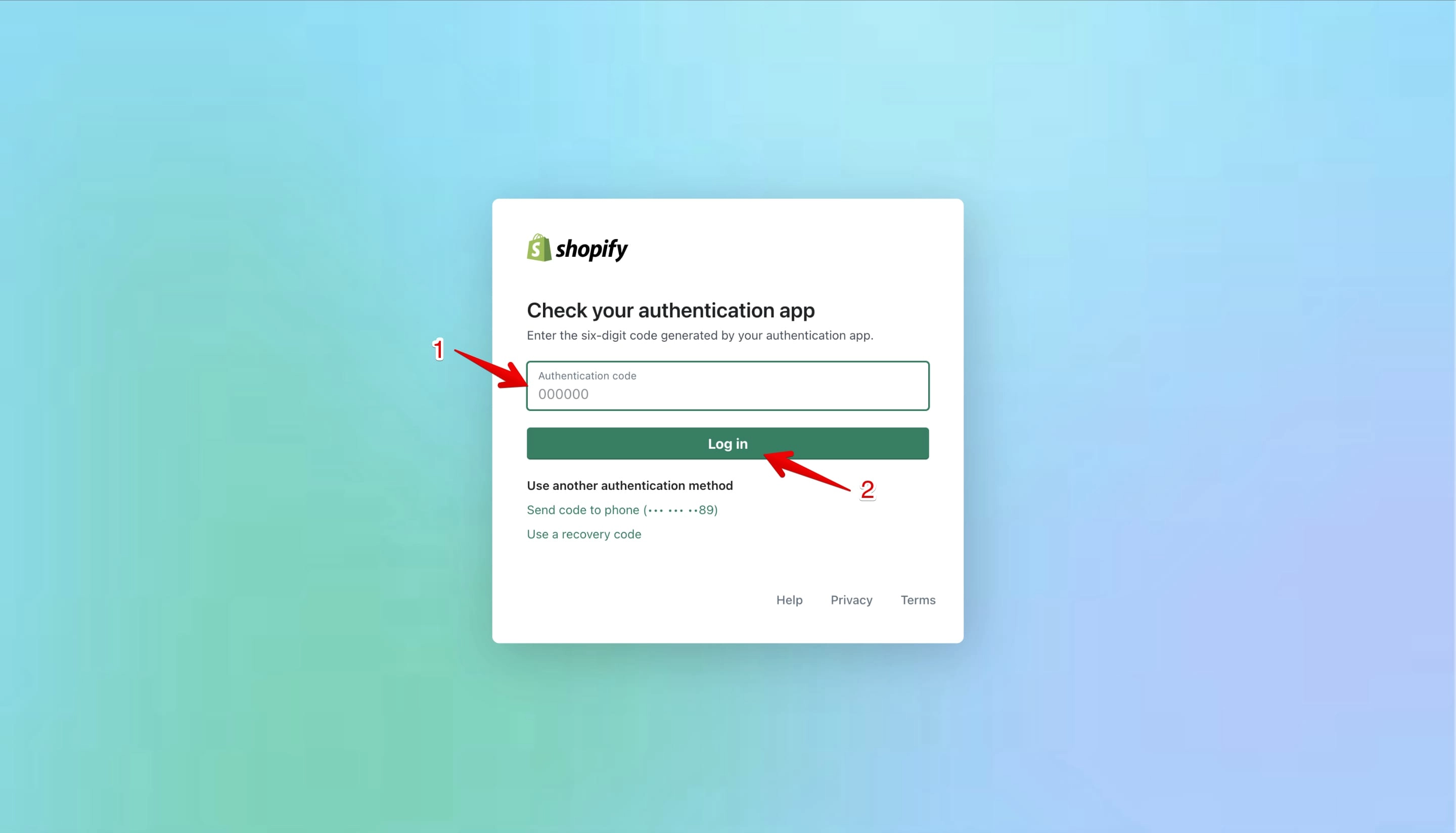 Two-factor authentication code input on the Shopify login page