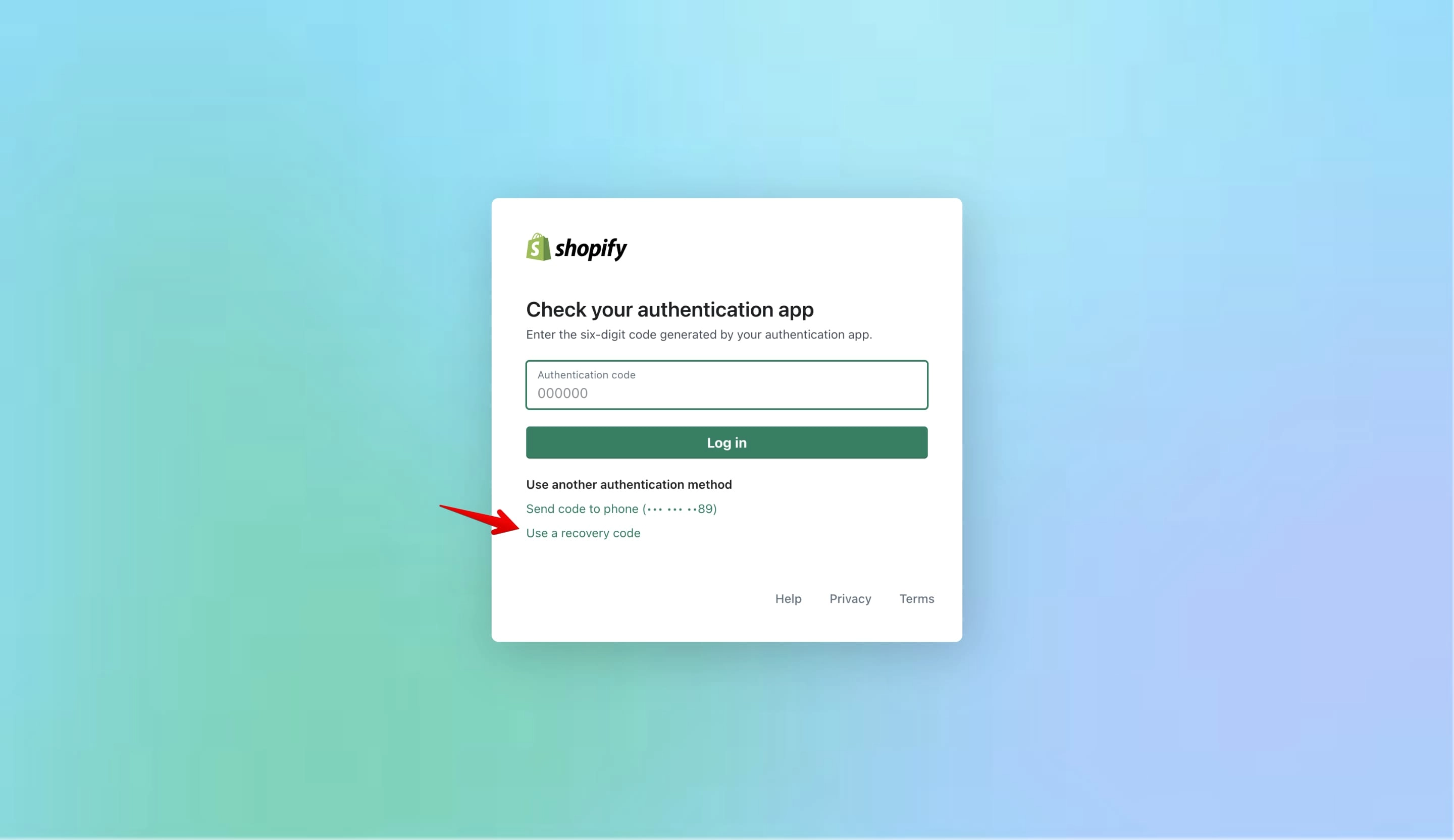 Recovery code link on the Shopify login page