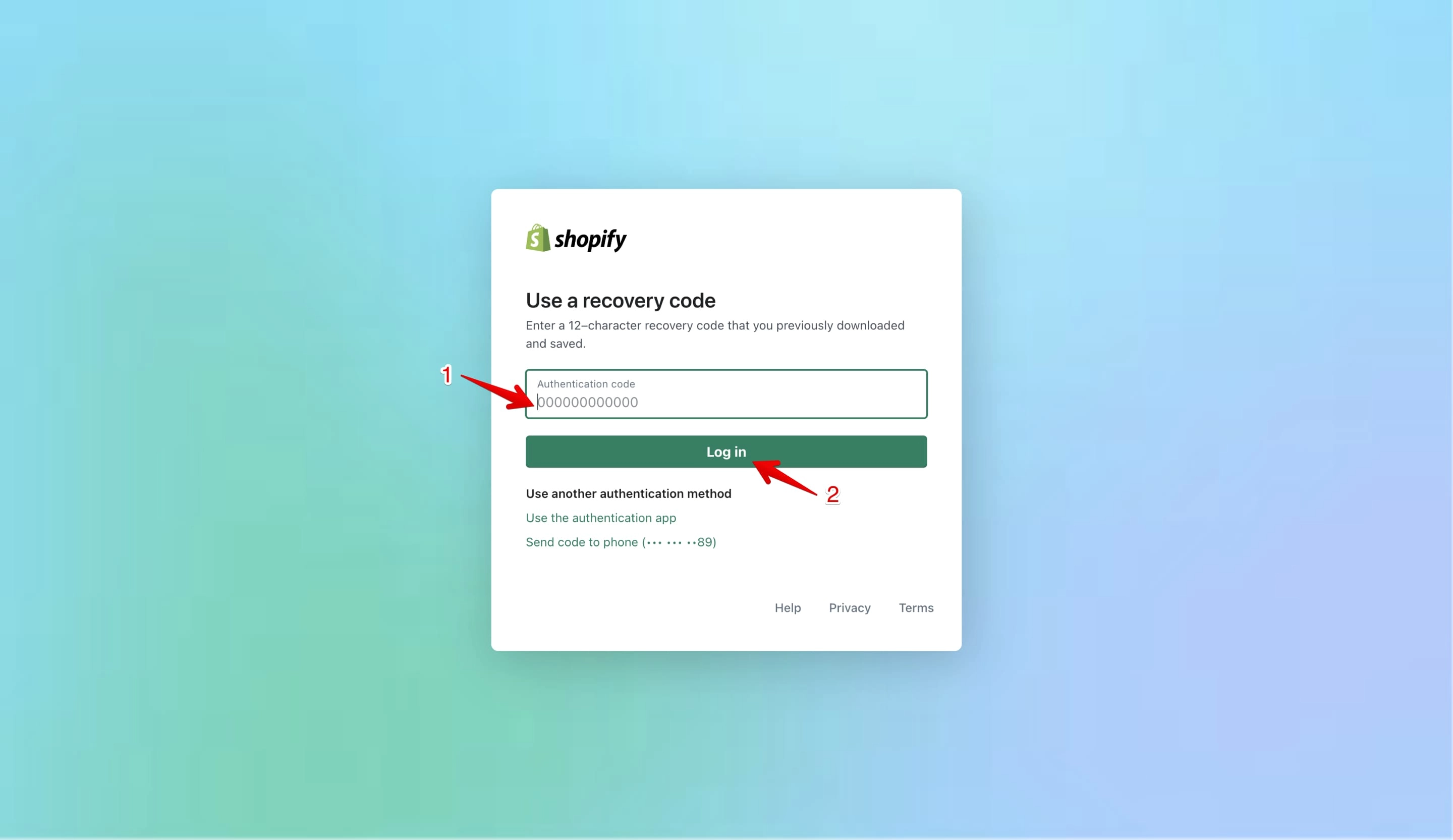 Authentication code input field on the Shopify login page
