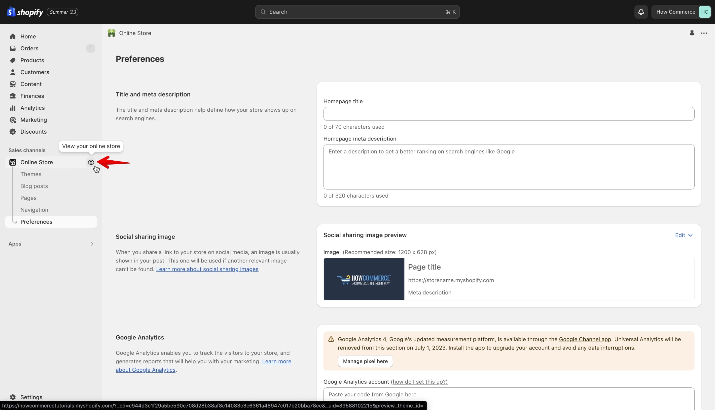 Shopify View your online store button