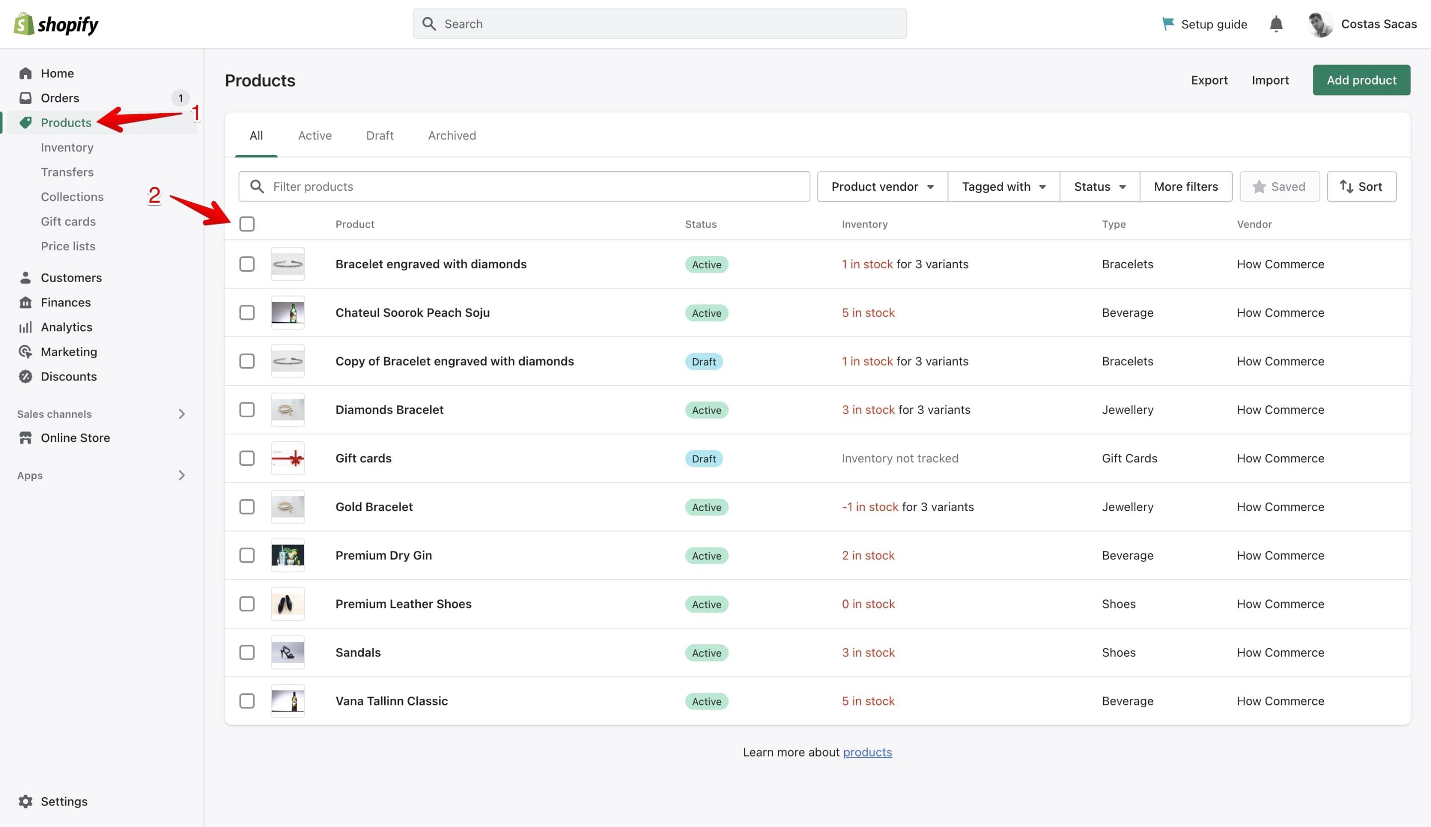 Product selection on the Shopify product listing page.
