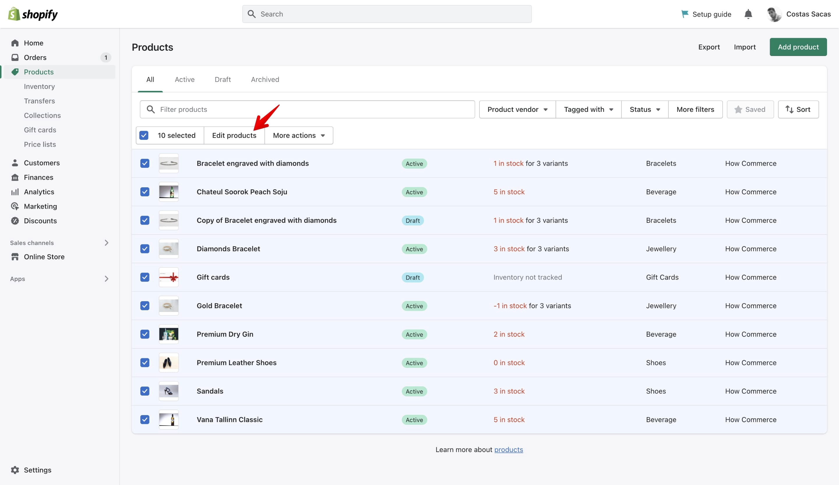 Products selected on the Shopify product listing page for edits in the bulk editor.