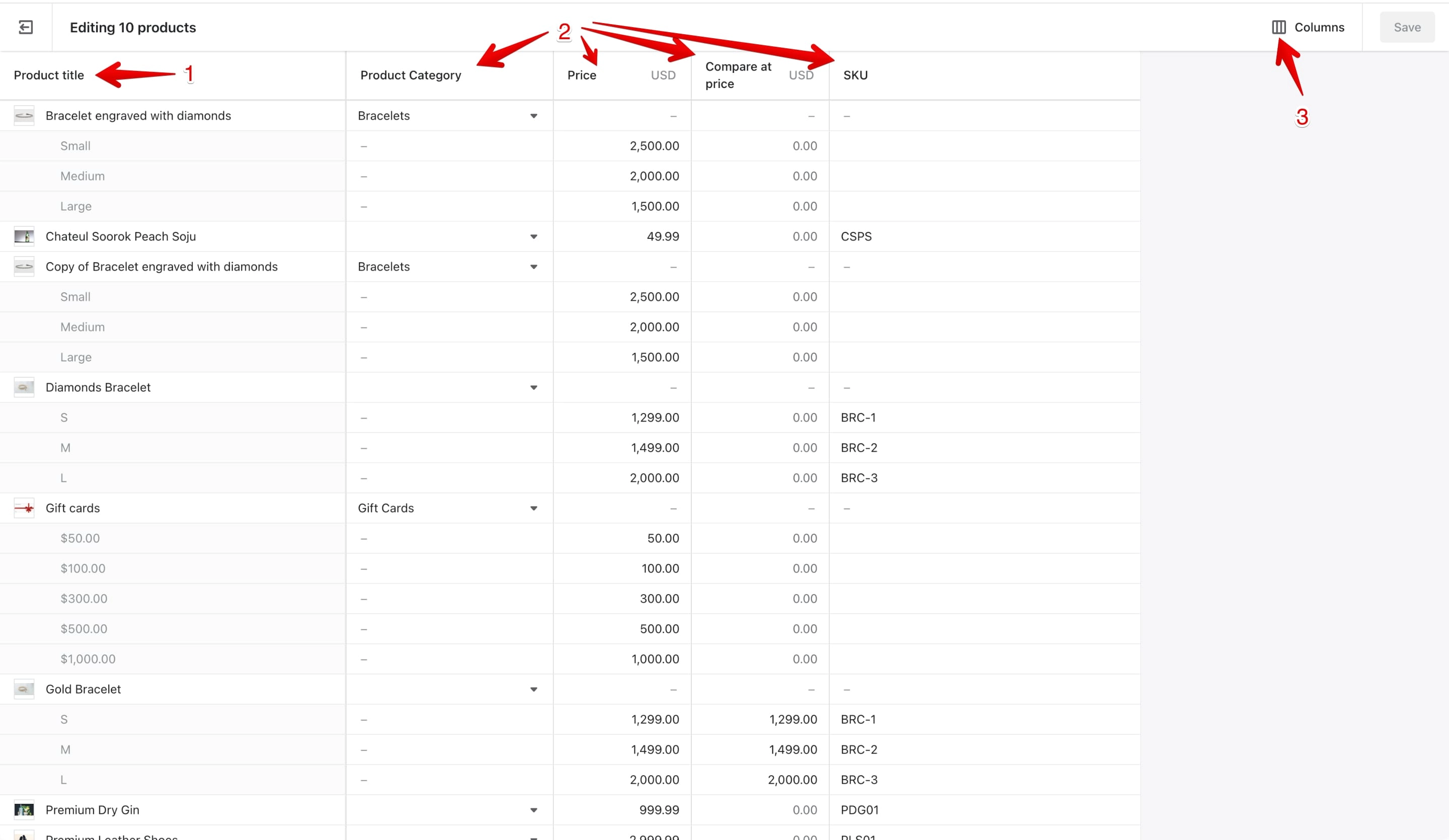 Product option columns in the Shopify bulk editor.