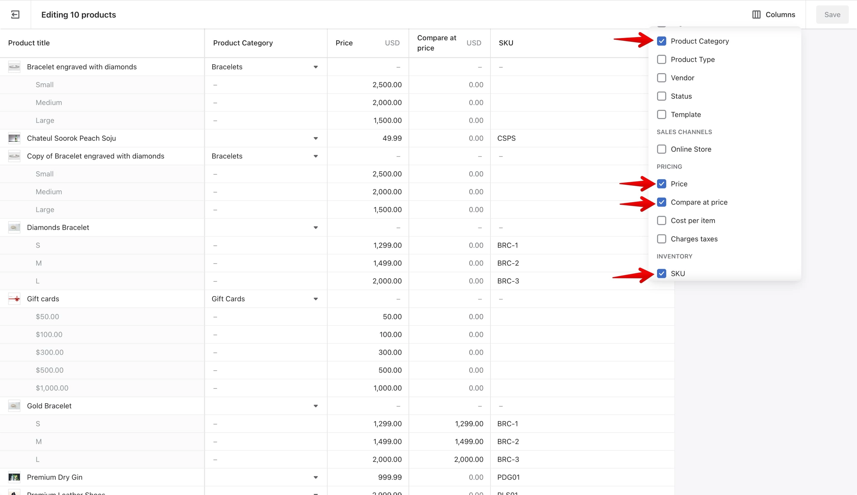 Product option columns selection.