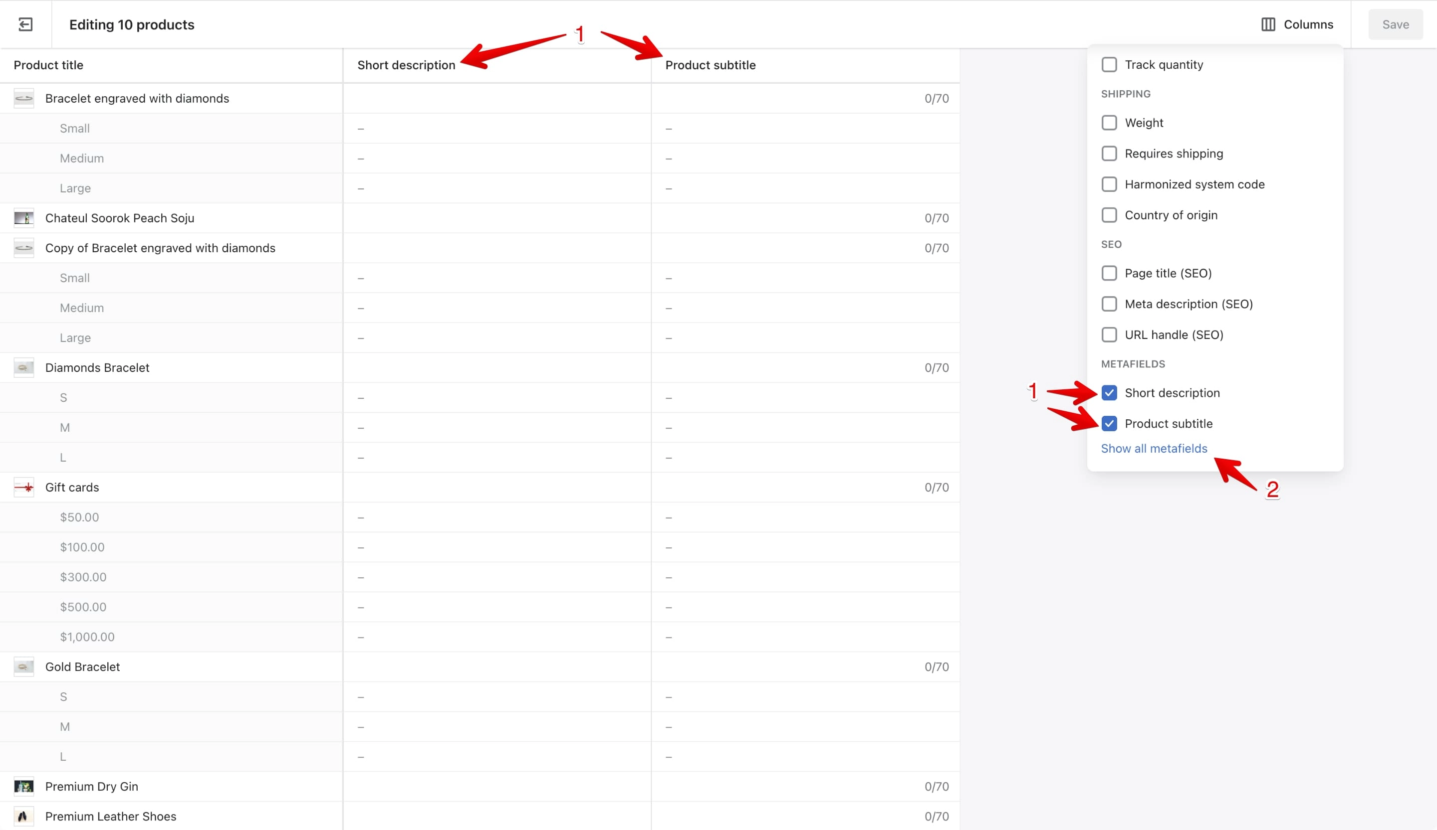 Metafields columns in the Shopify bulk editor.