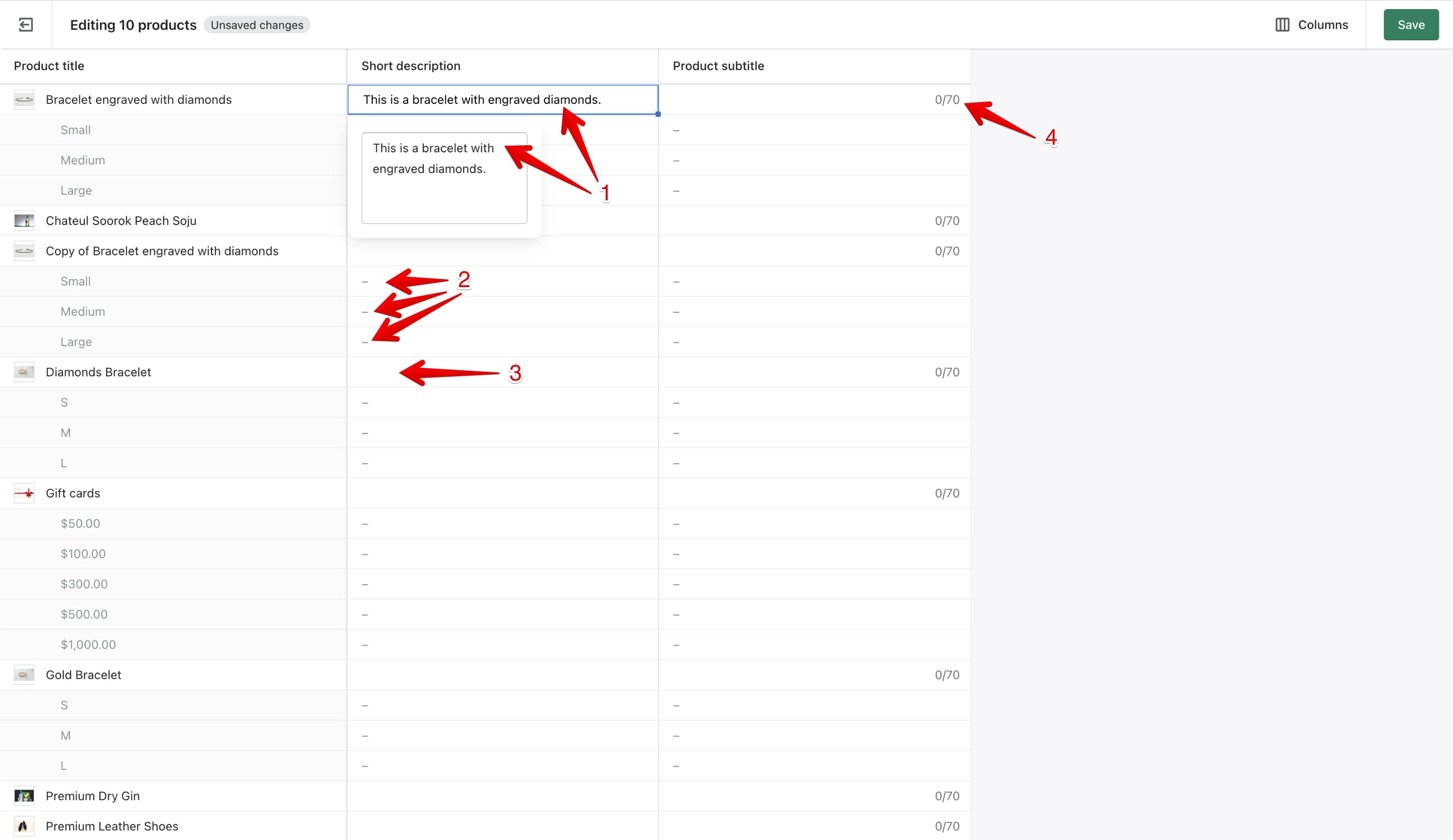 Individual editing of Shopify metafields at once in the bulk editor.