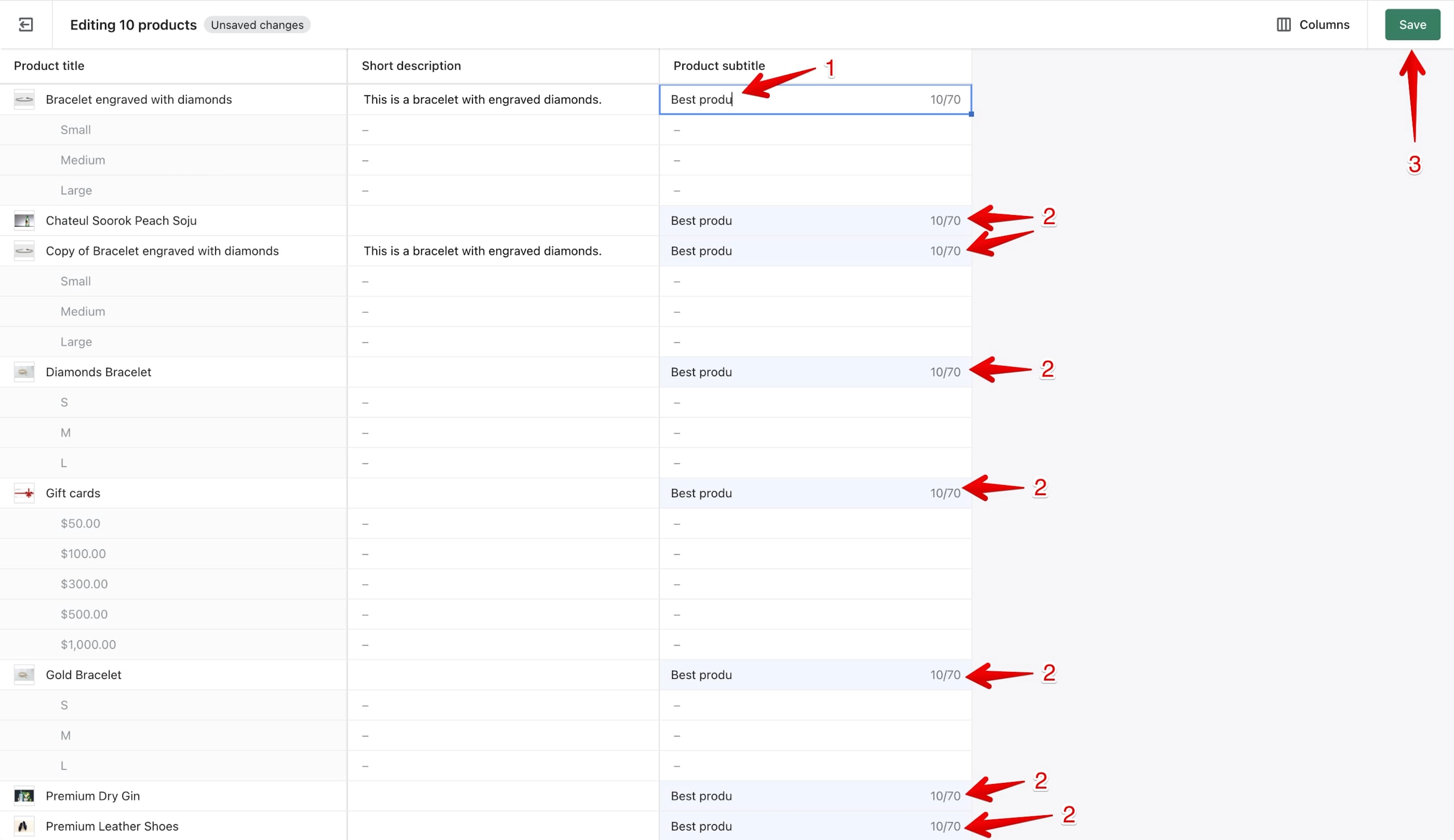 Editing multiple Shopify metafields at once in the bulk editor.