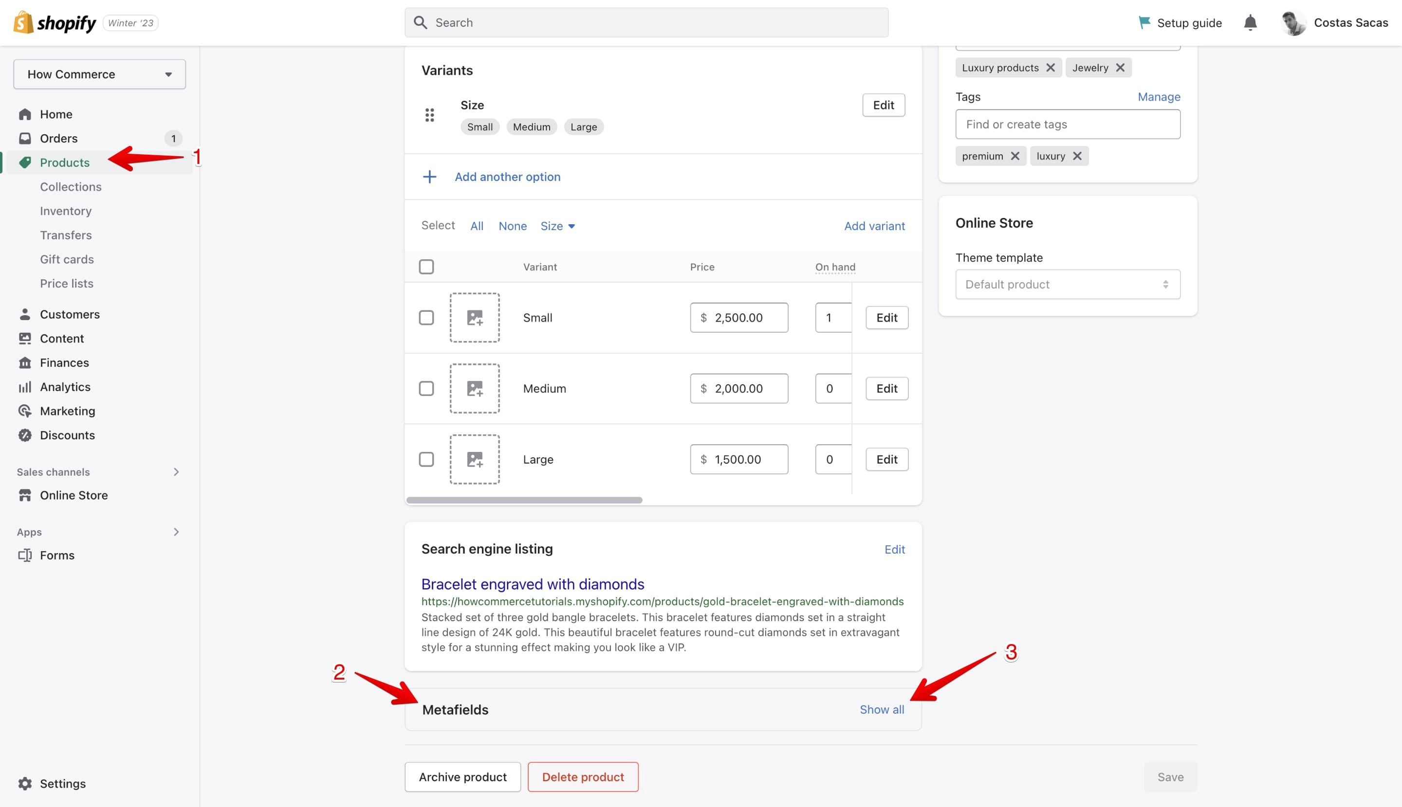 Shopify metafields section on the product page