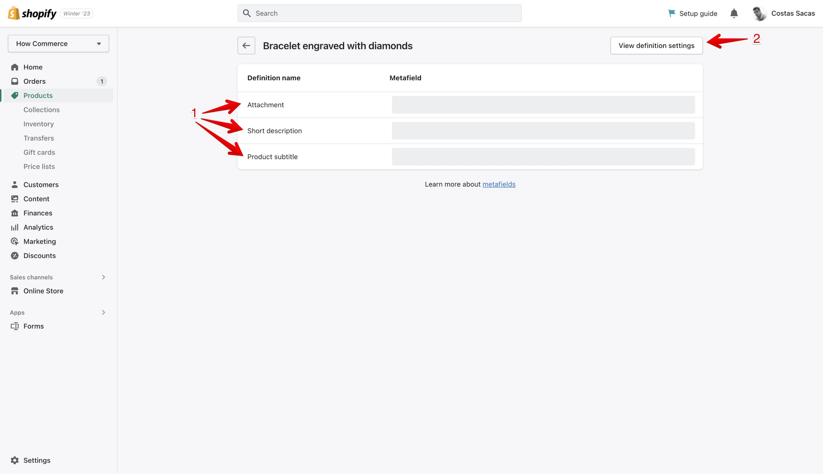 Shopify metafields section on the product page listed separately