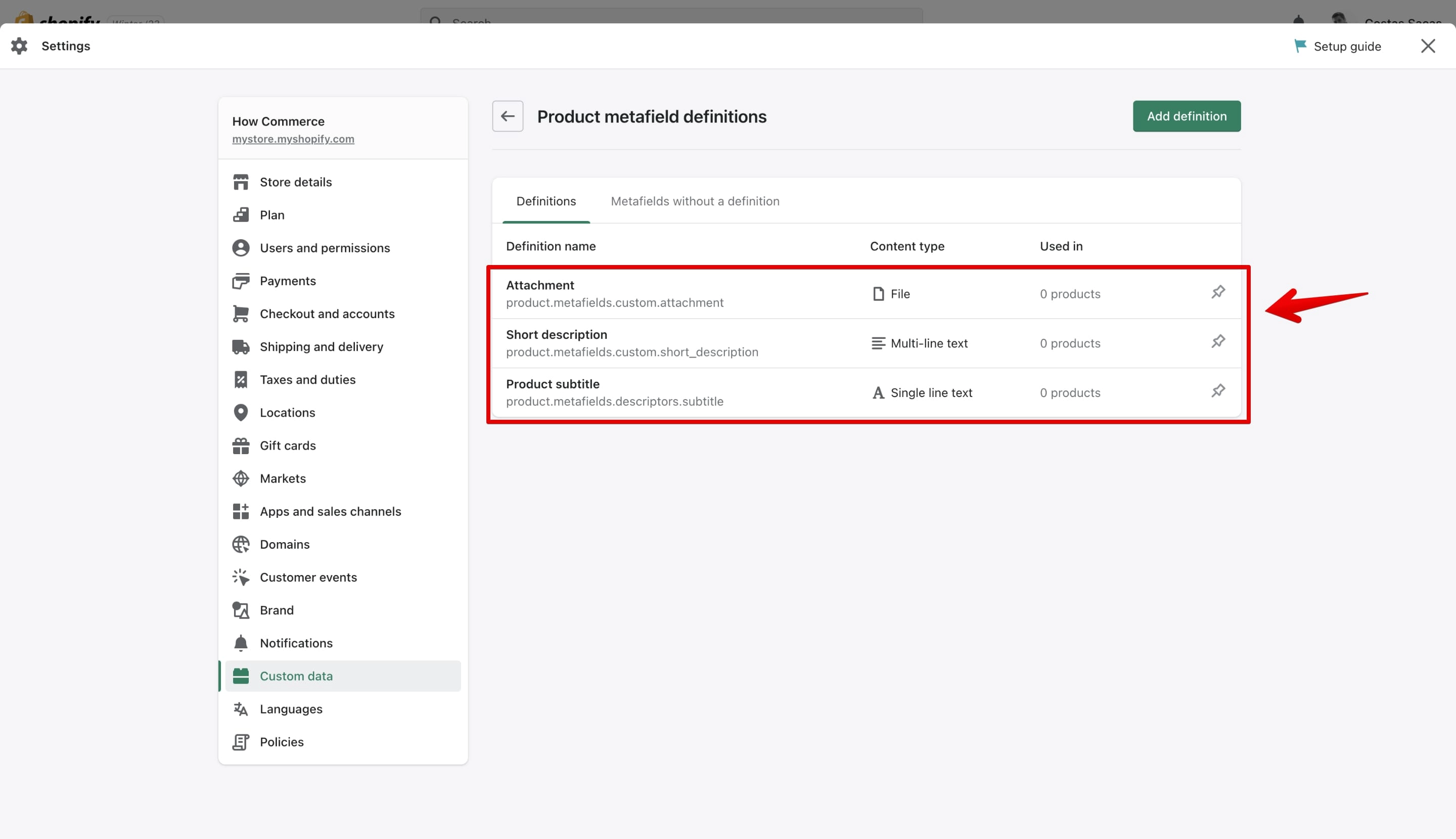 Shopify metafields listed on the Product metafield definitions page