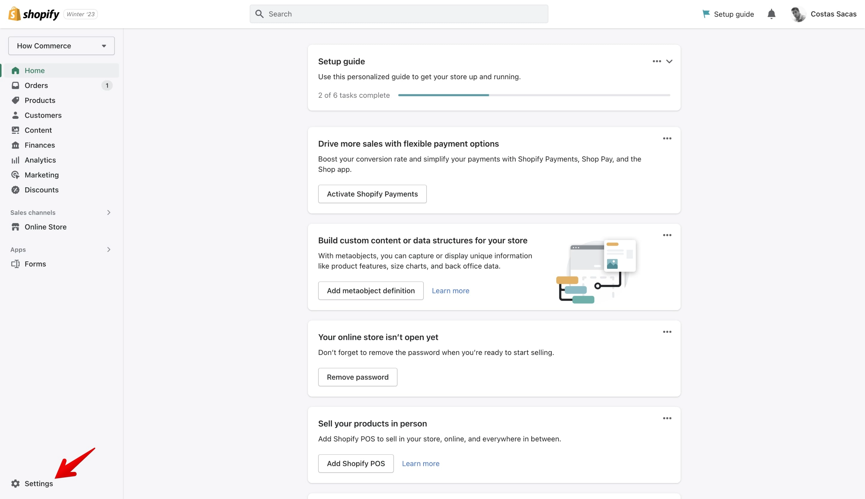 Shopify Settings page link