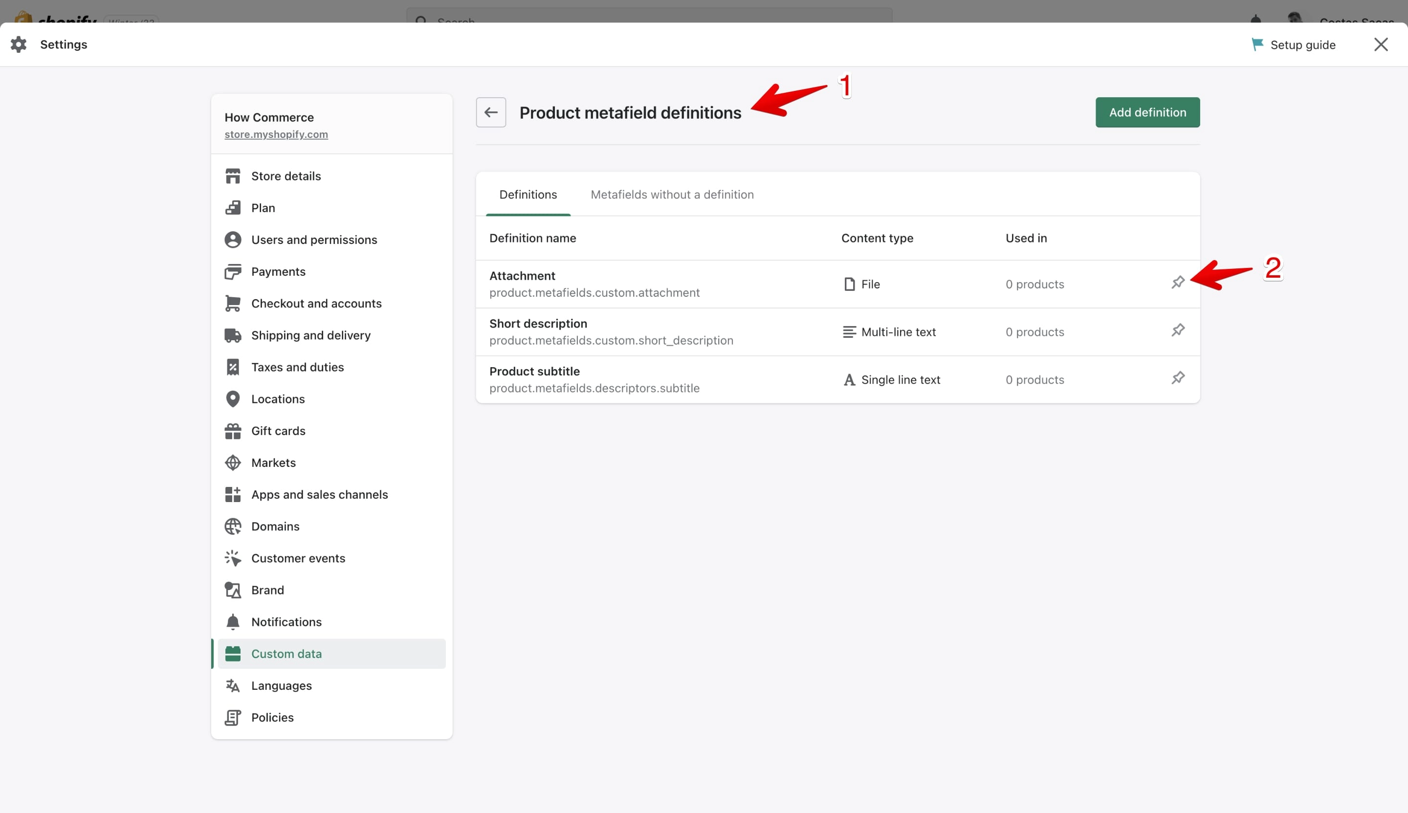 Shopify product metafields definitions