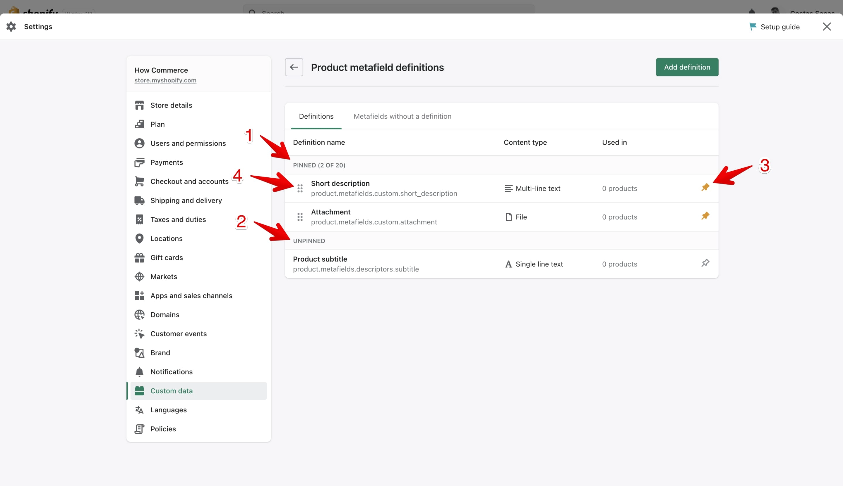 Shopify product metafields pinning