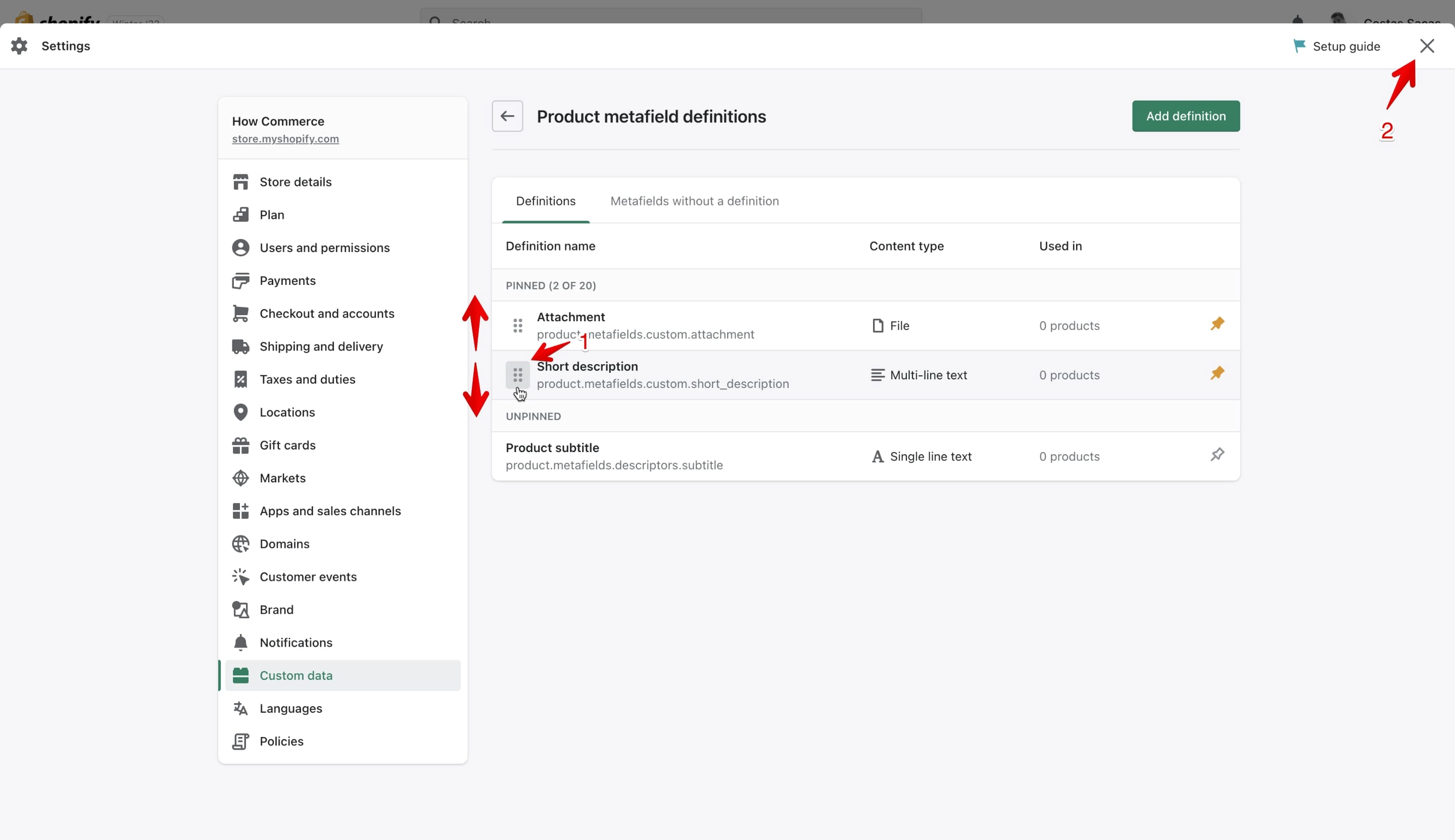 Shopify product metafields ordering