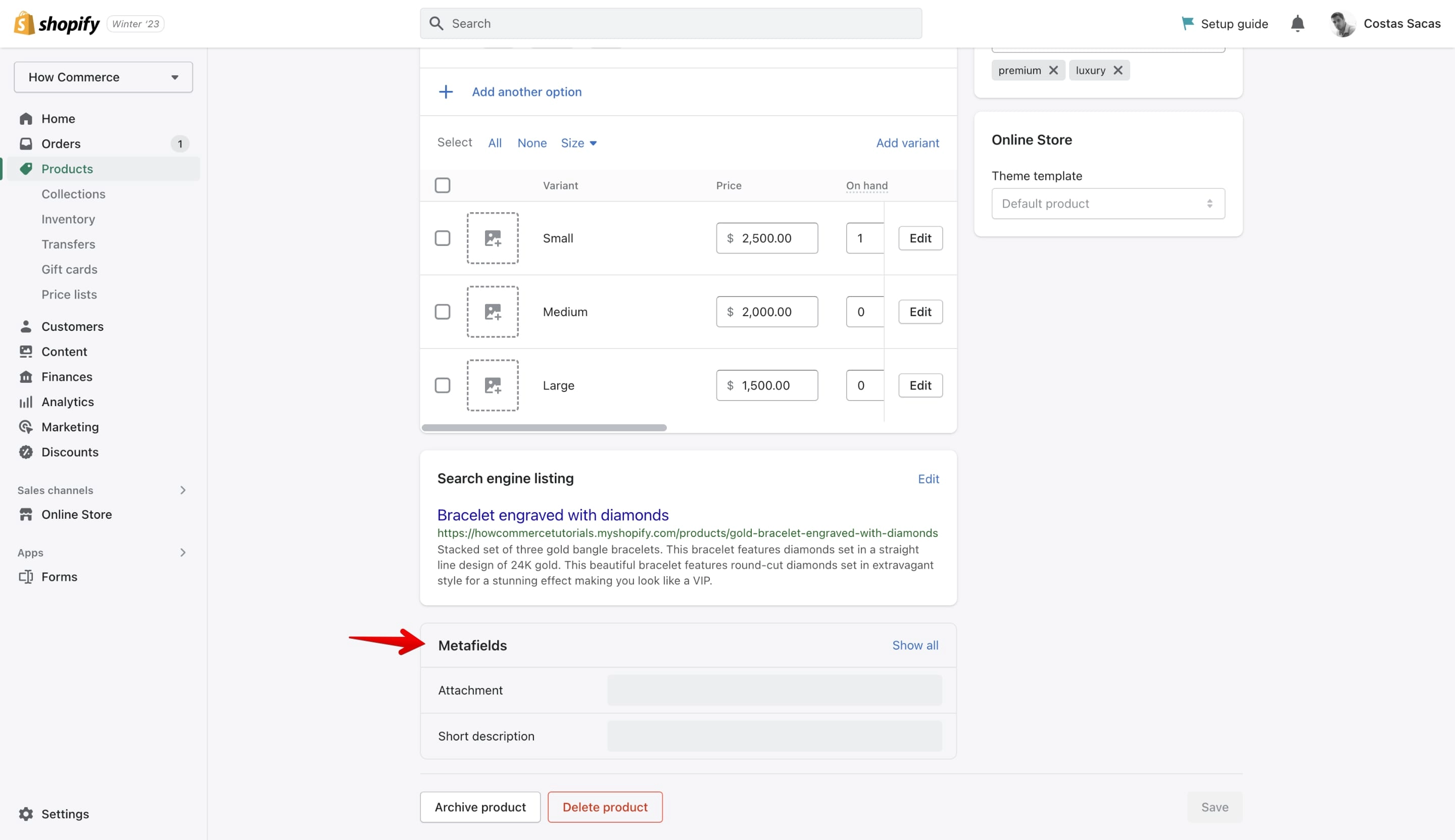 Shopify product metafields ordered on the product page