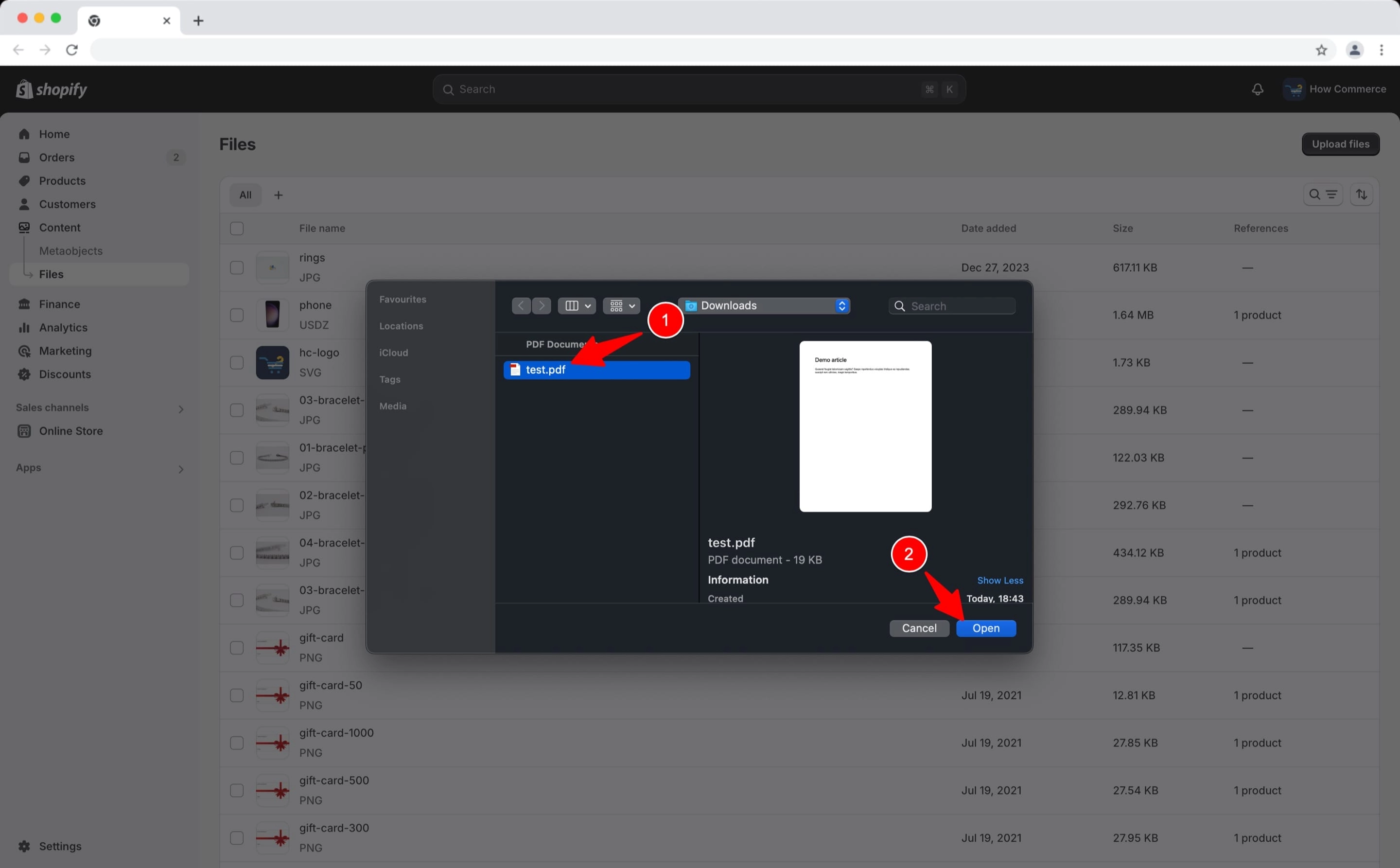 Upload file in the Shopify Files section.