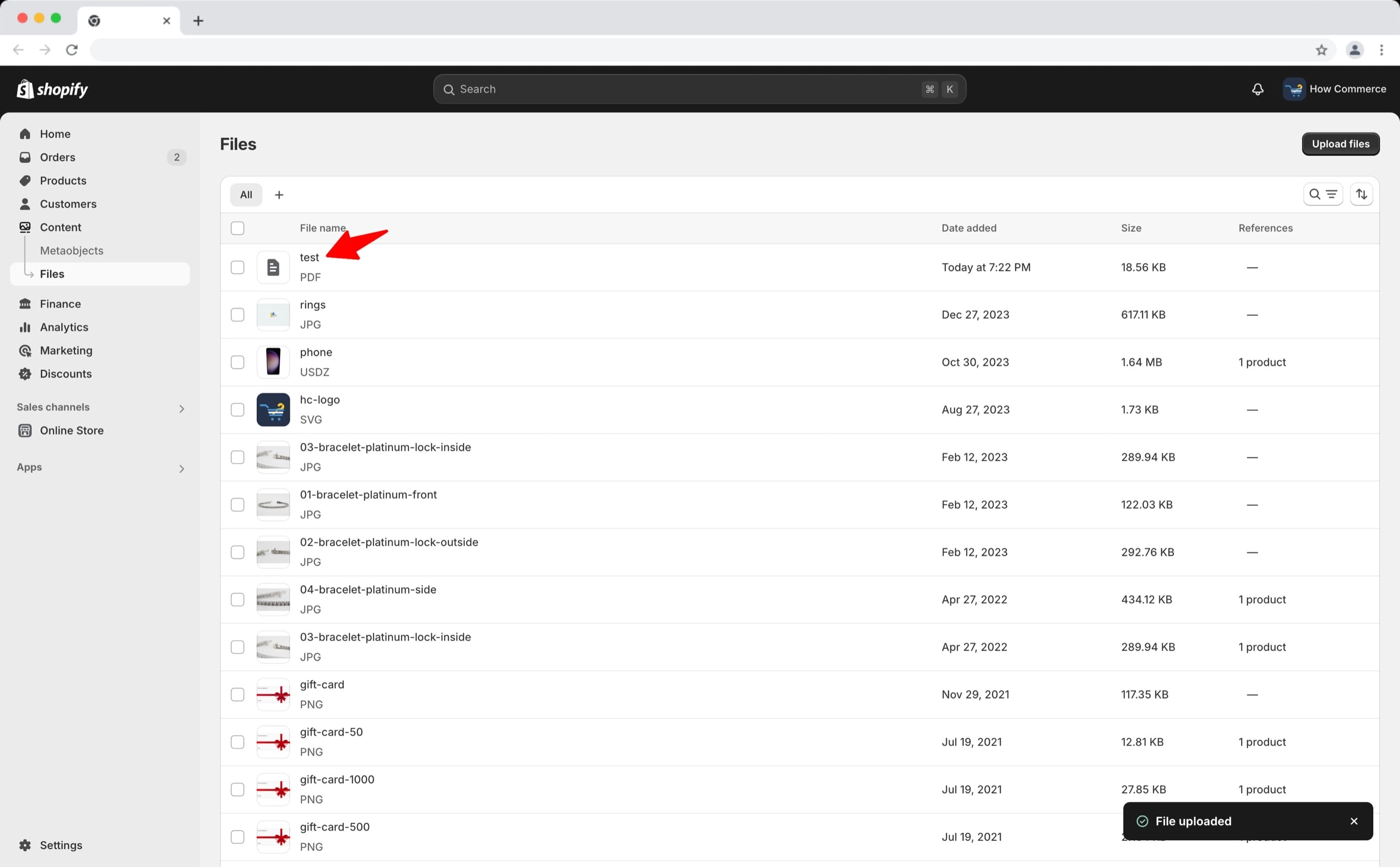 File uploaded on the Shopify Files page.