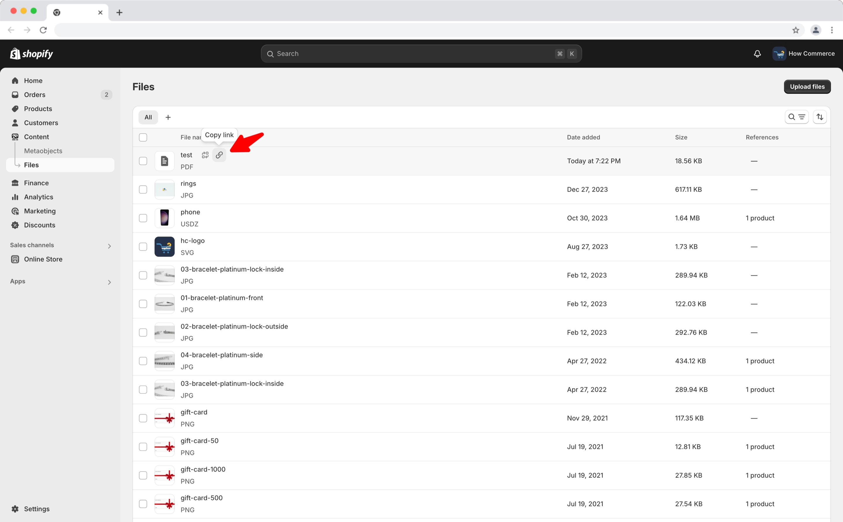 File URL icon on the Shopify Files page.