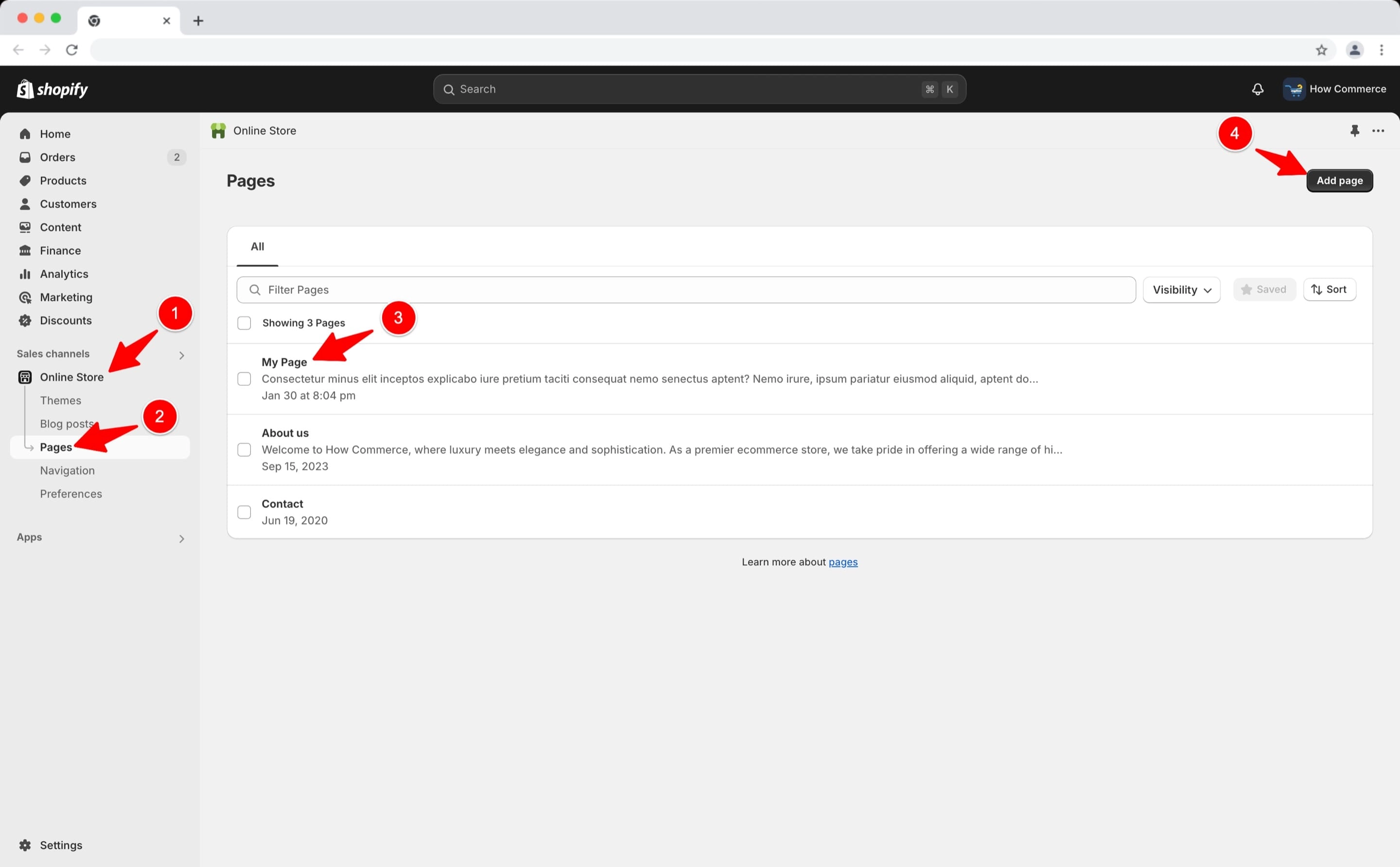 Shopify Pages listing page.