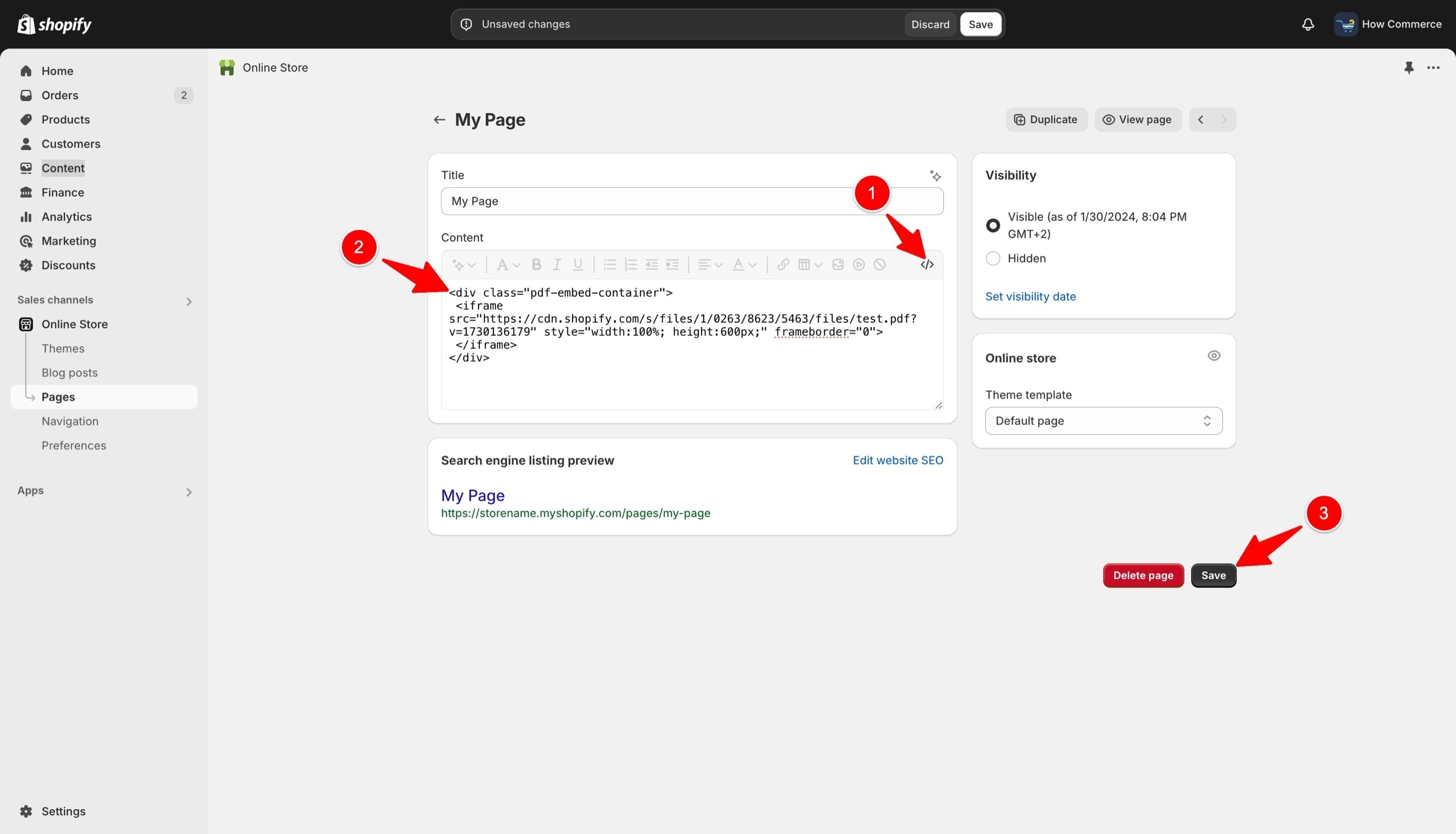 Add code inside the Shopify page editor in the code view.