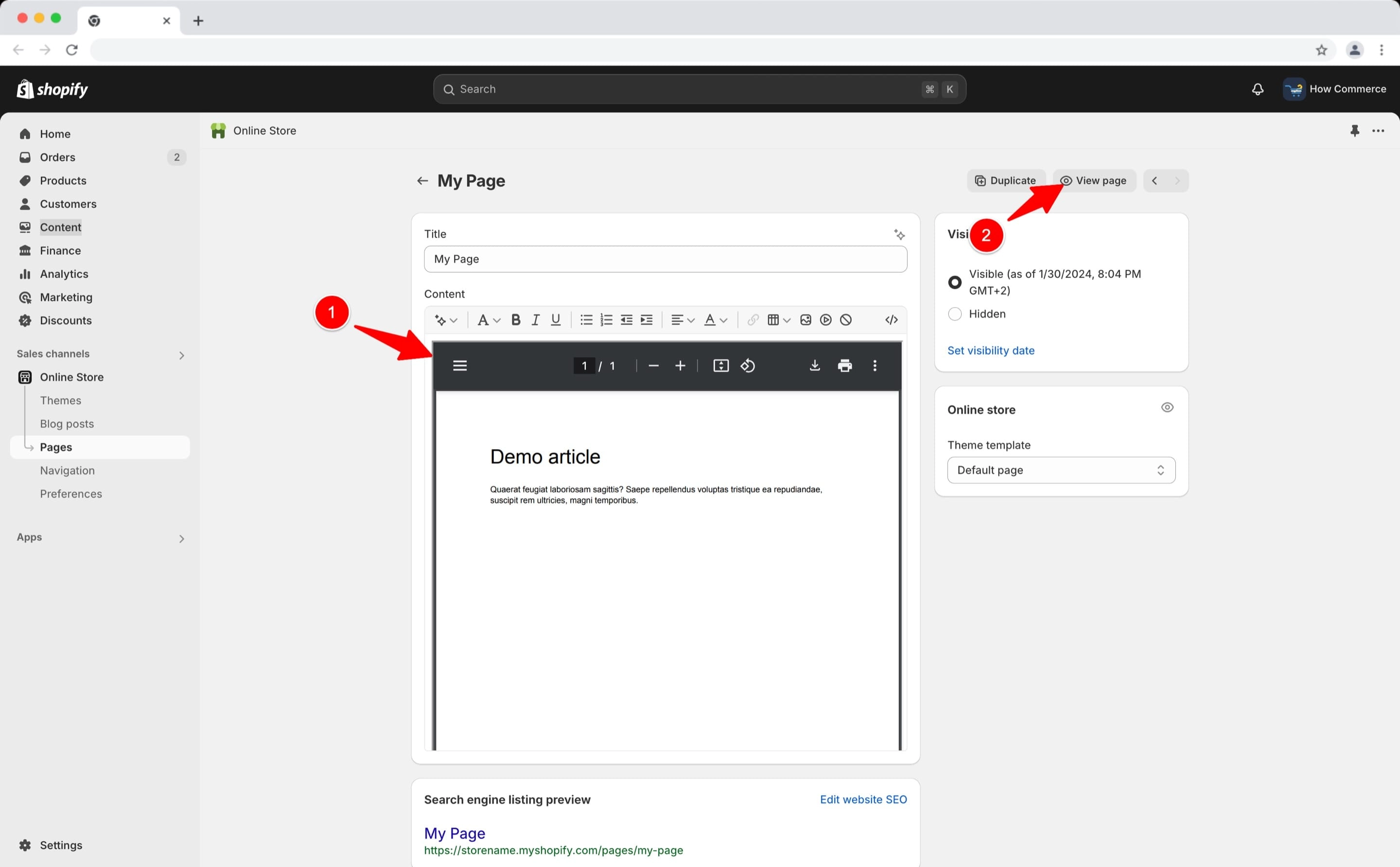 PDF file view inside the Shopify editor on a page.