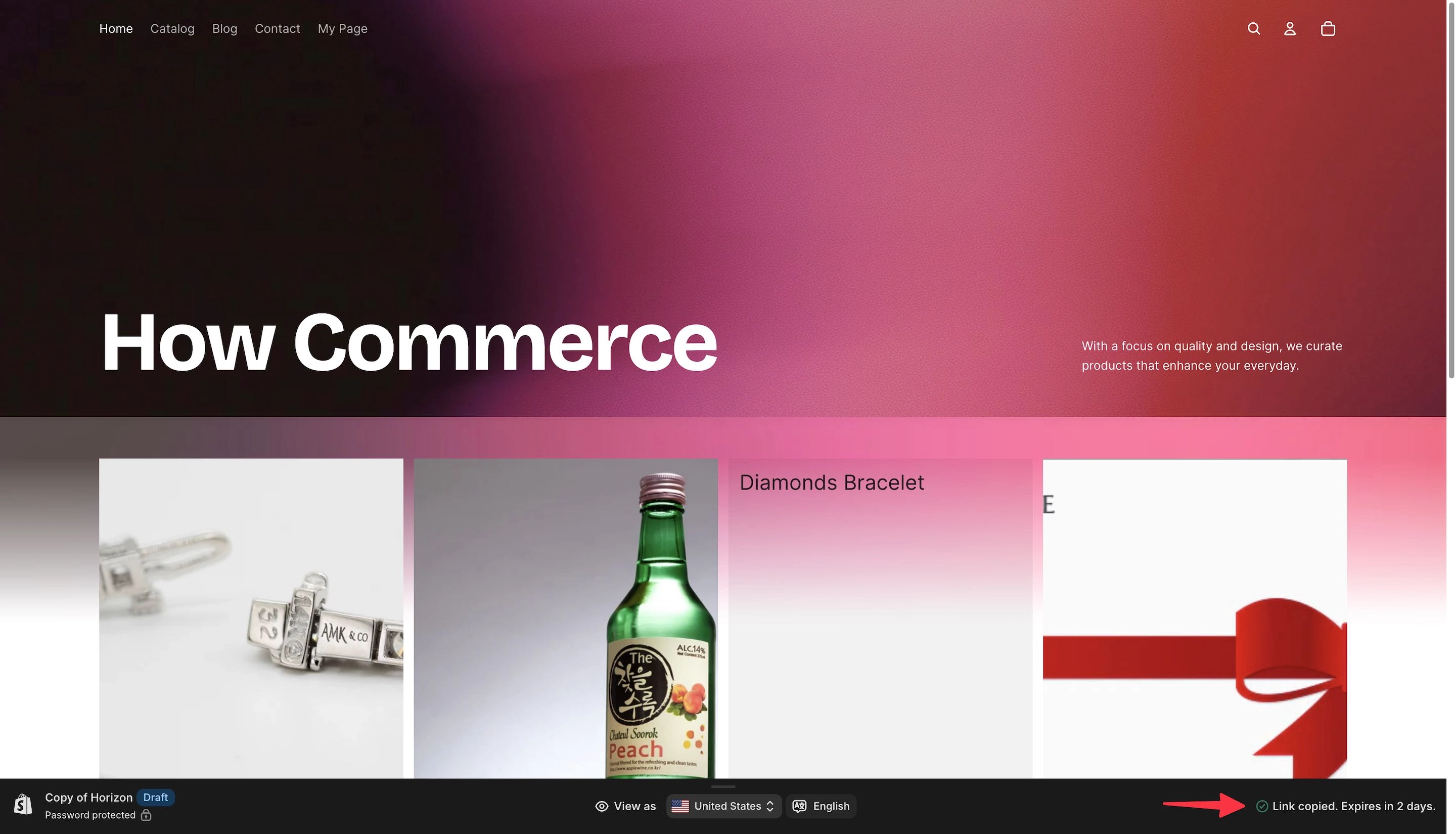 Shopify preview link copied message.
