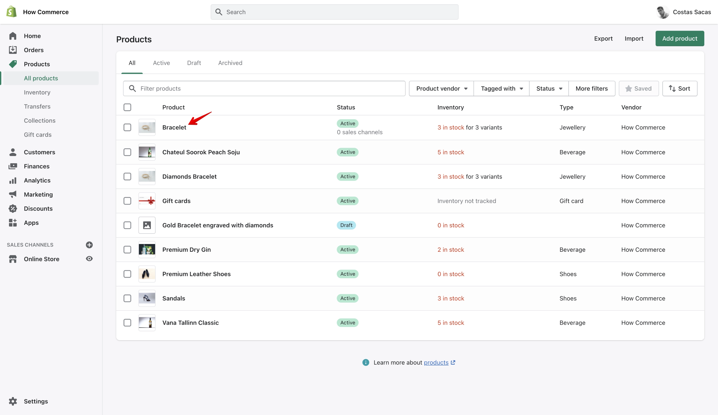 Shopify products page with selected product