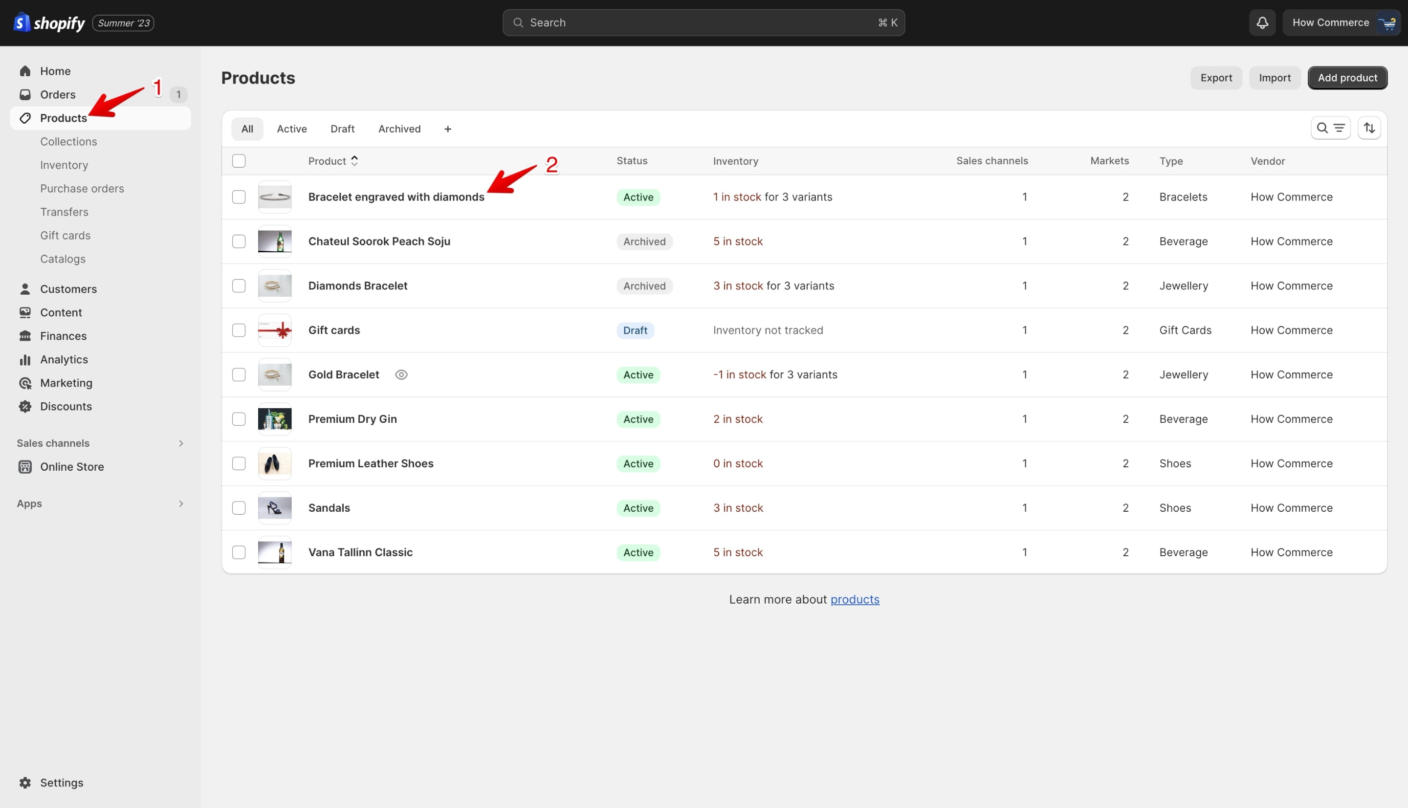 Shopify products listing page in admin