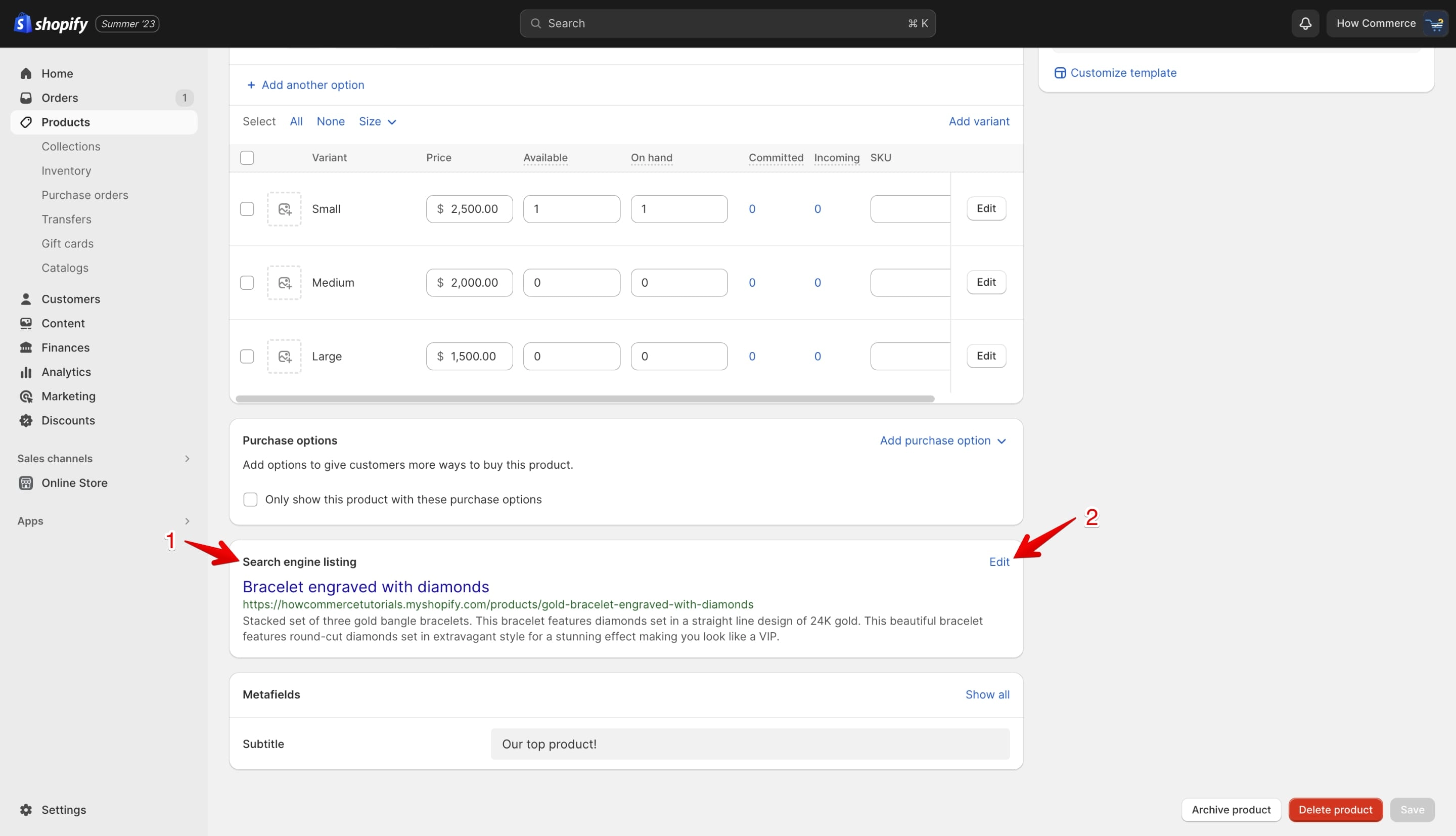 Shopify Search engine listing section with settings for SEO
