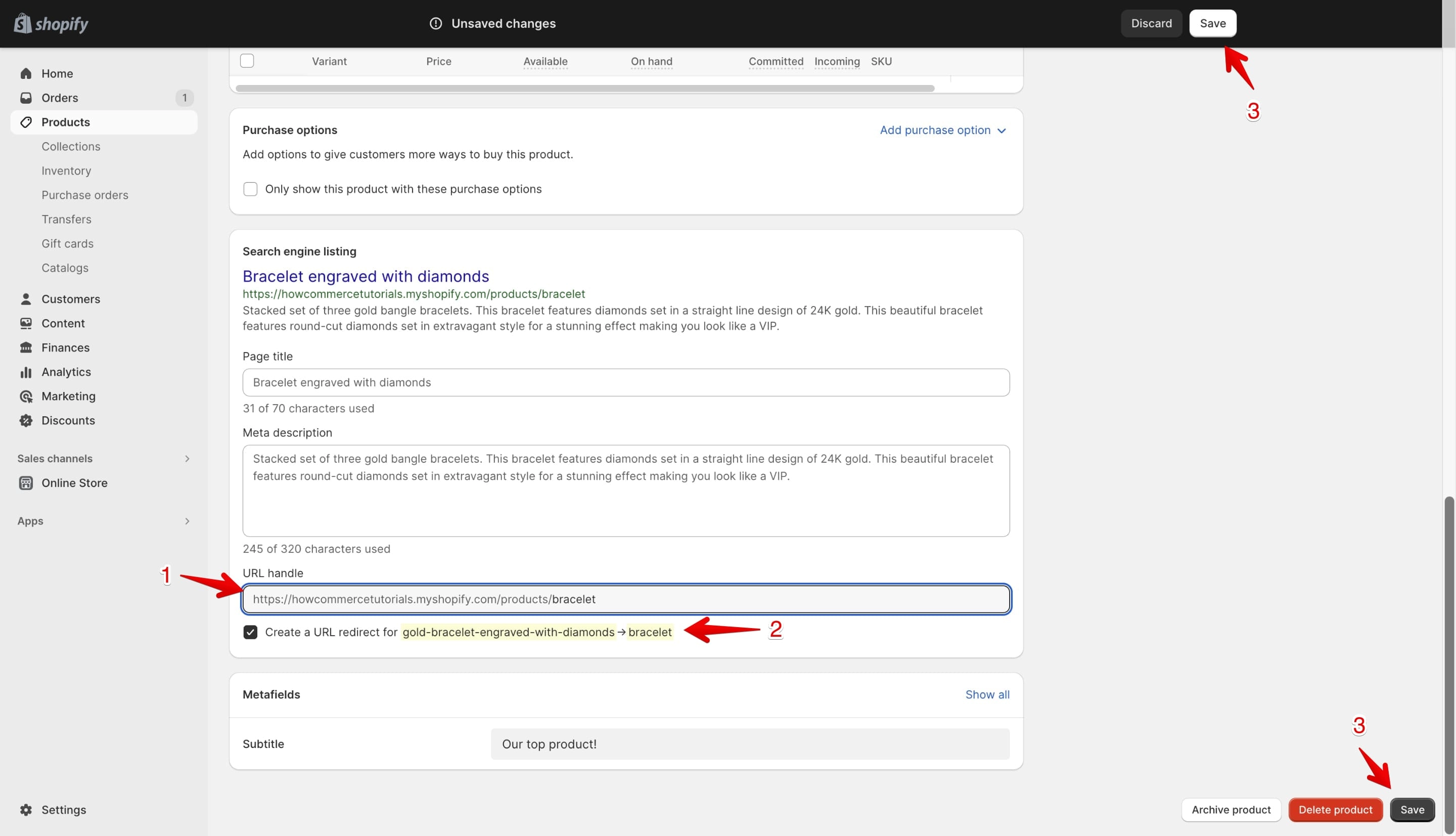 Shopify URL handle edit input box with new handle