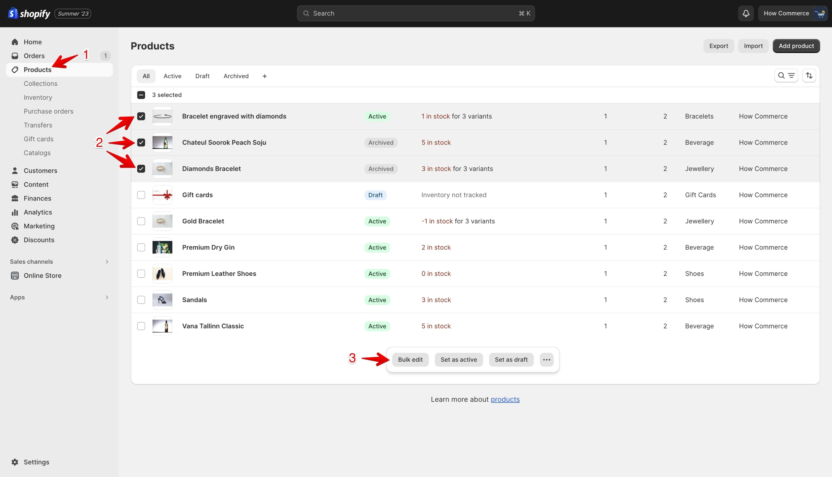 Shopify select Bulk editing in product listing page in admin