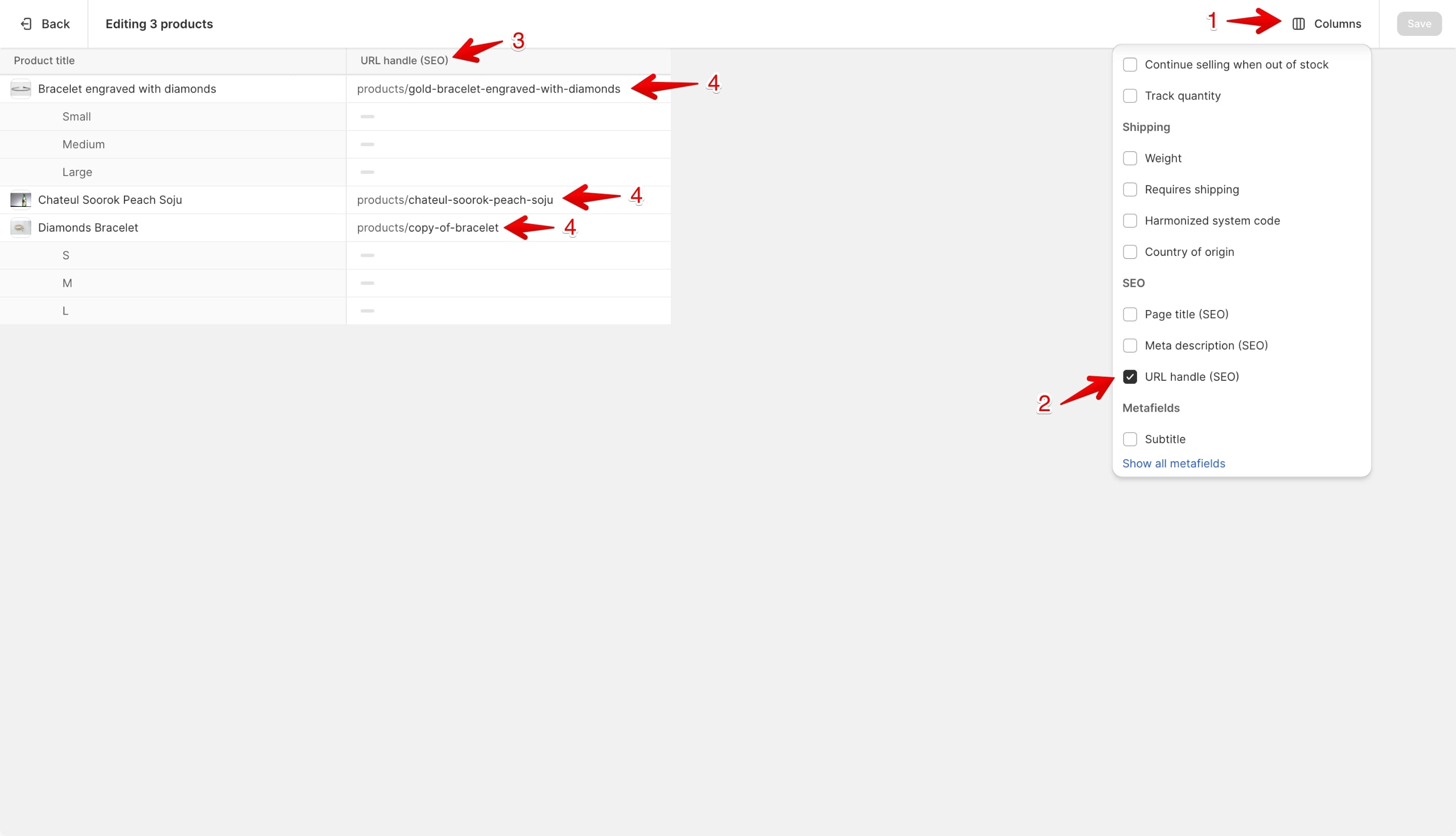 Bulk editing products URLs handle in Shopify