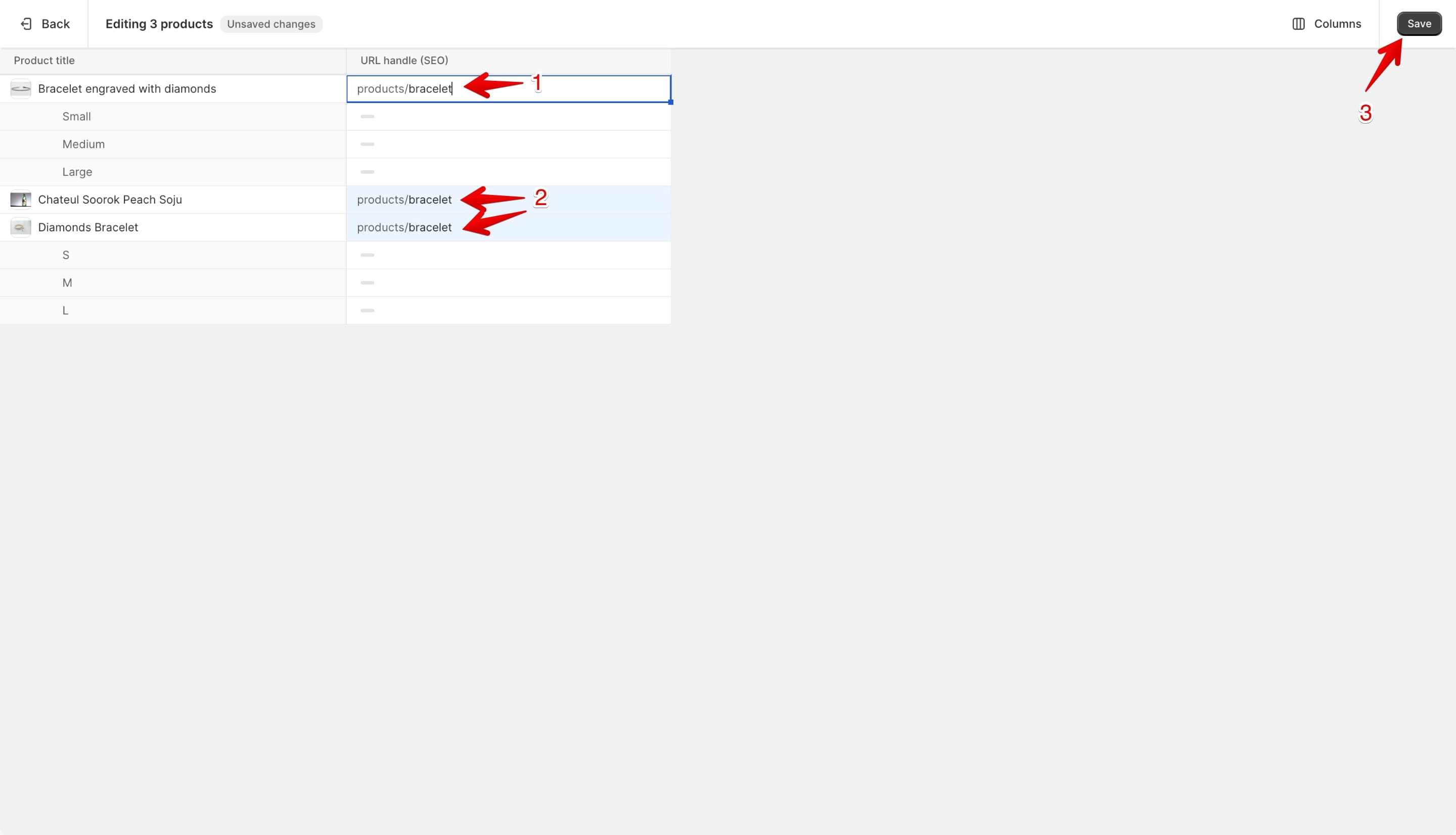 Bulk editing products URLs handle in Shopify by selecting multiple fields