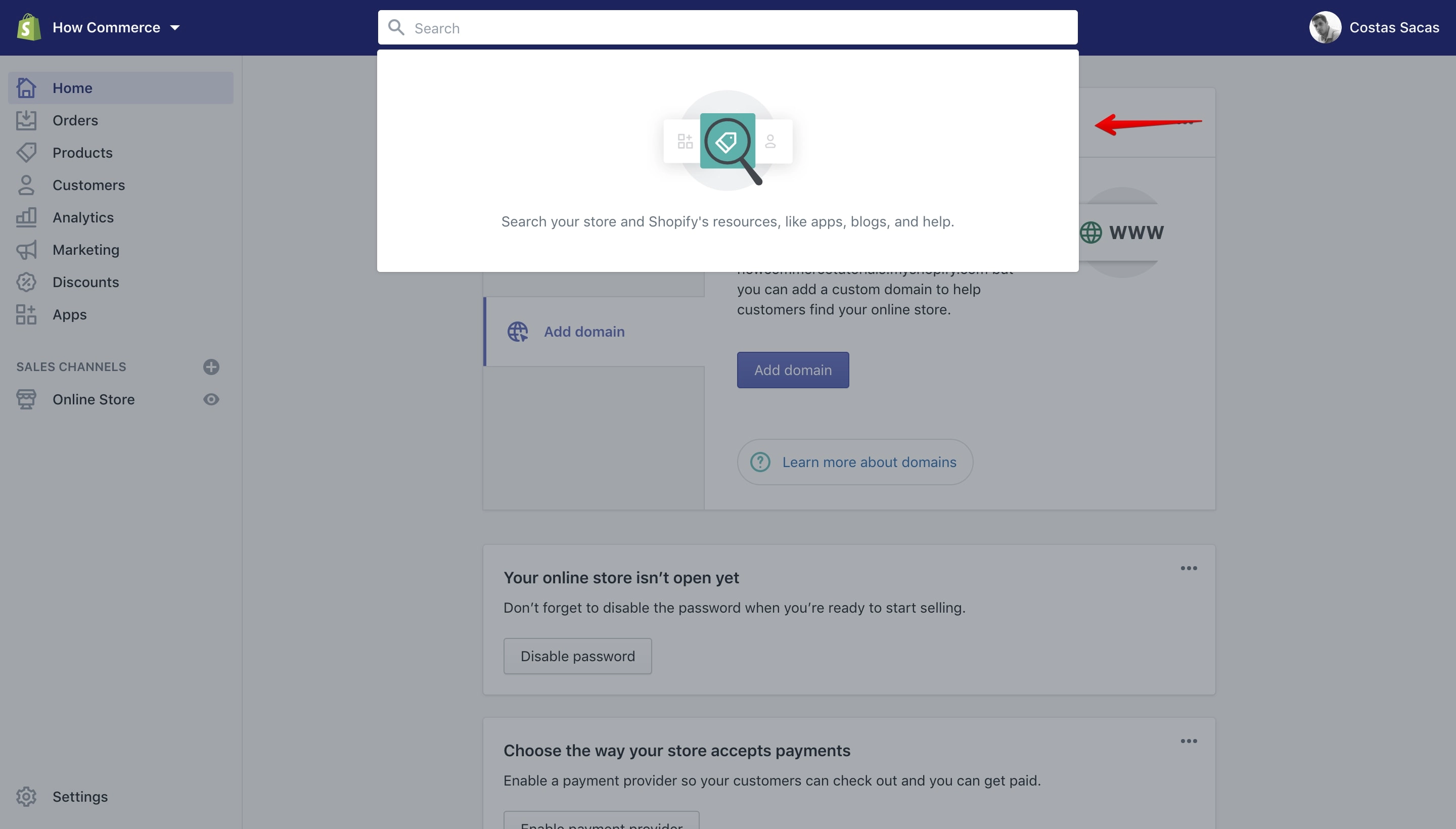 Search box popup in the administration section.