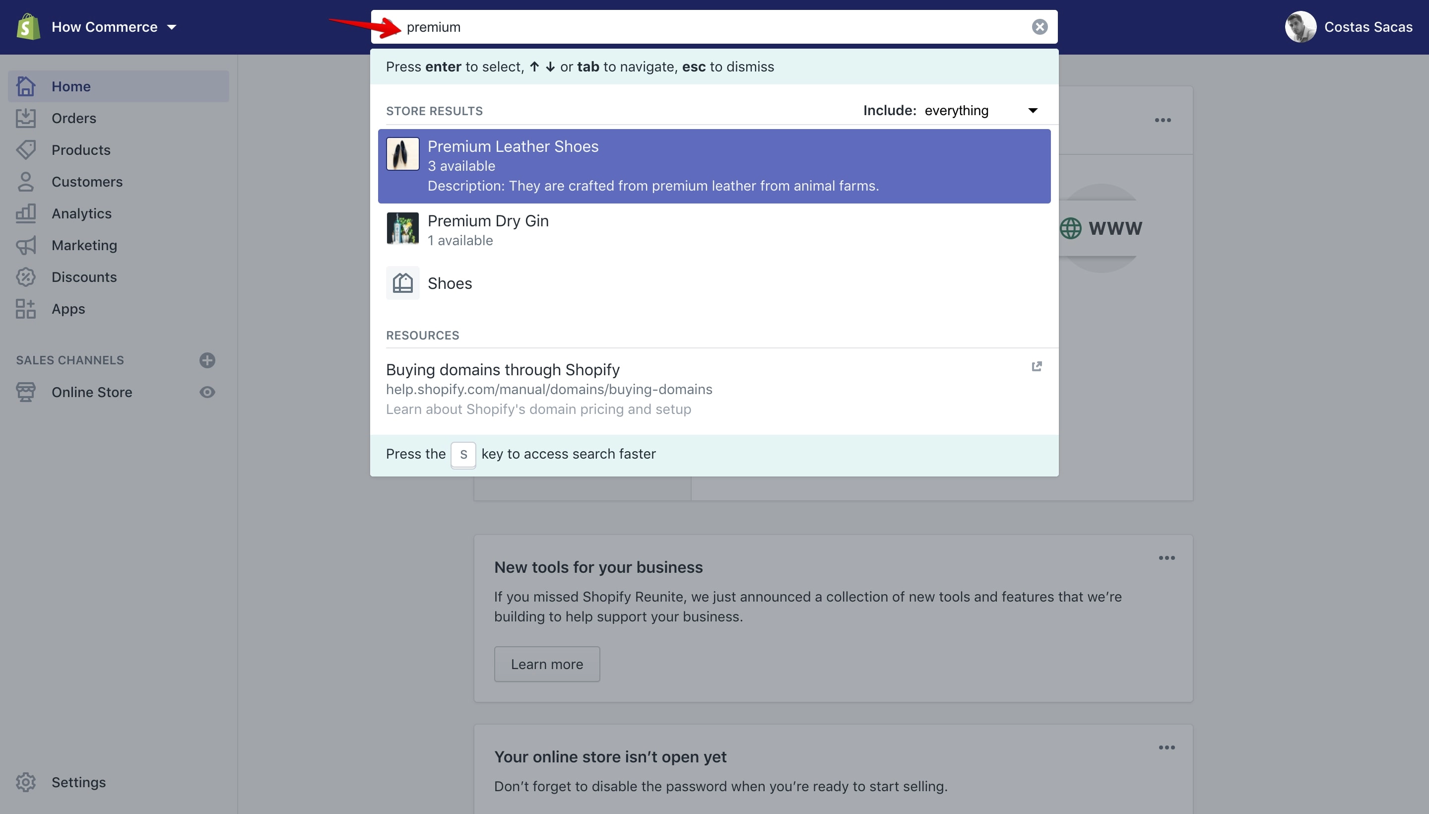 Performing a search from the Shopify dashboard.
