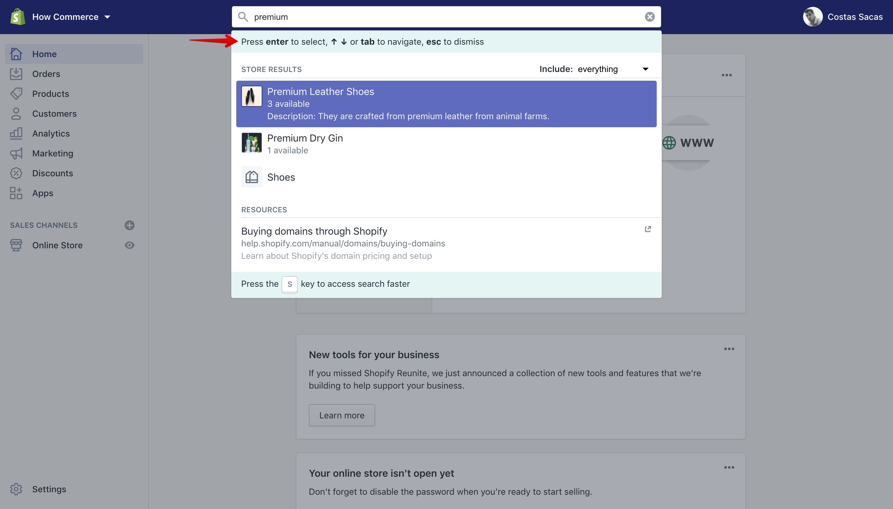 Keyboard shortcuts for Shopify admin search.