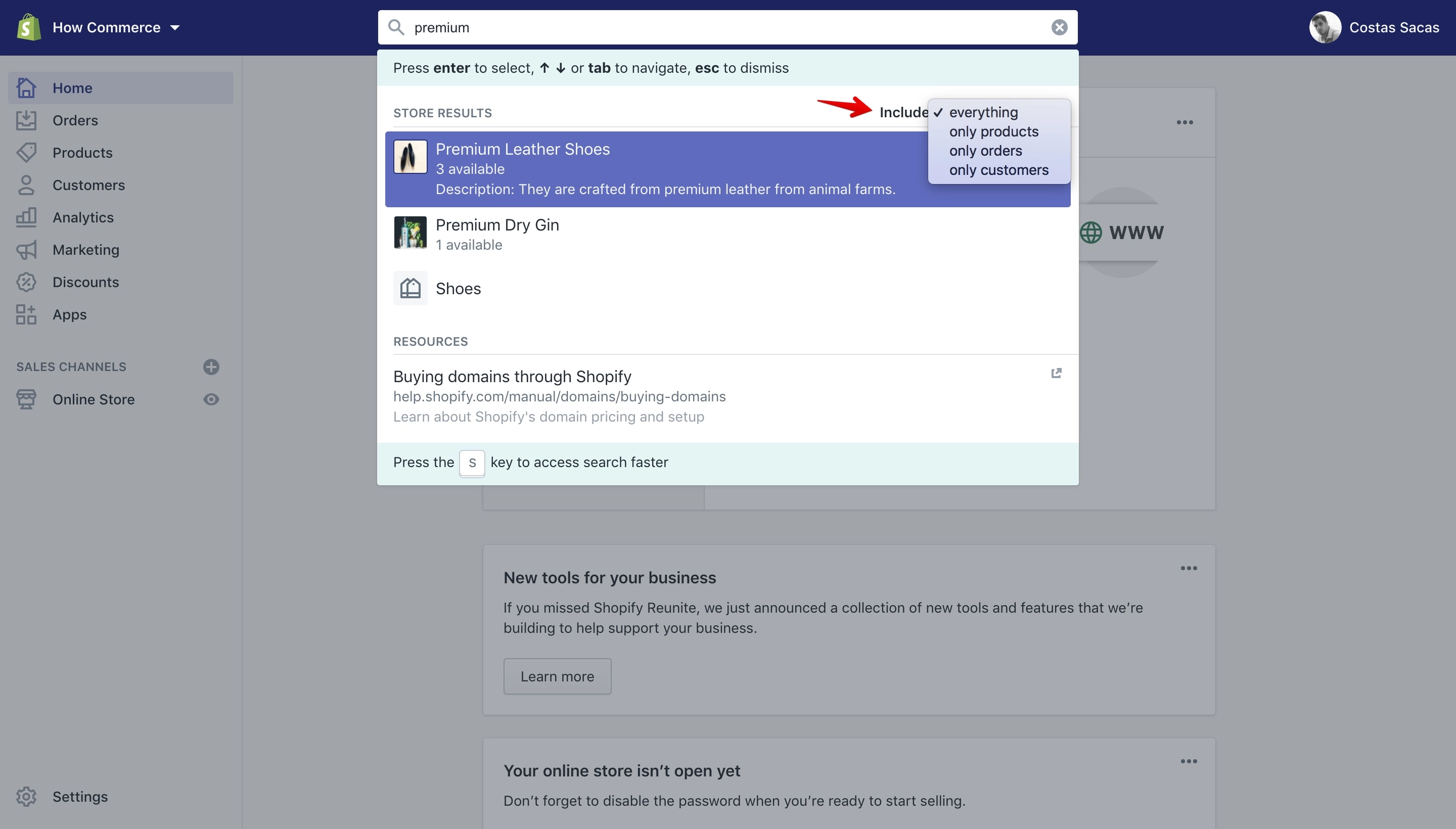 Shopify search results filtering by products, orders and customers.