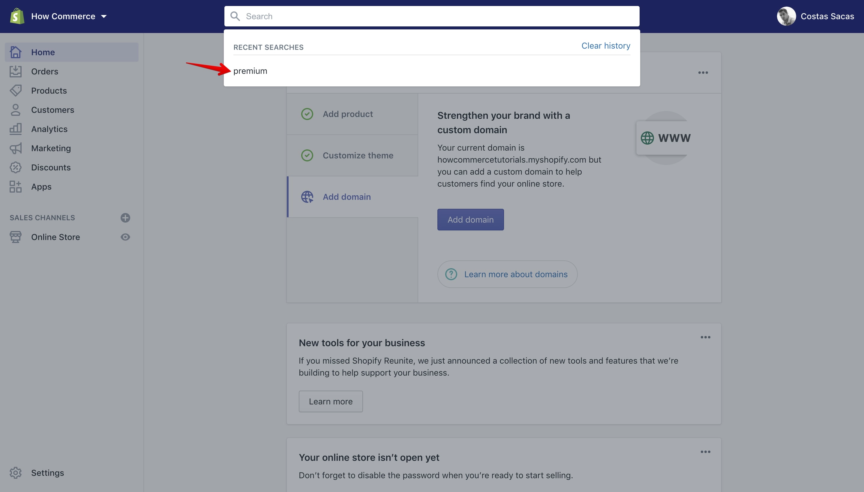 Shopify admin displaying recent searches.