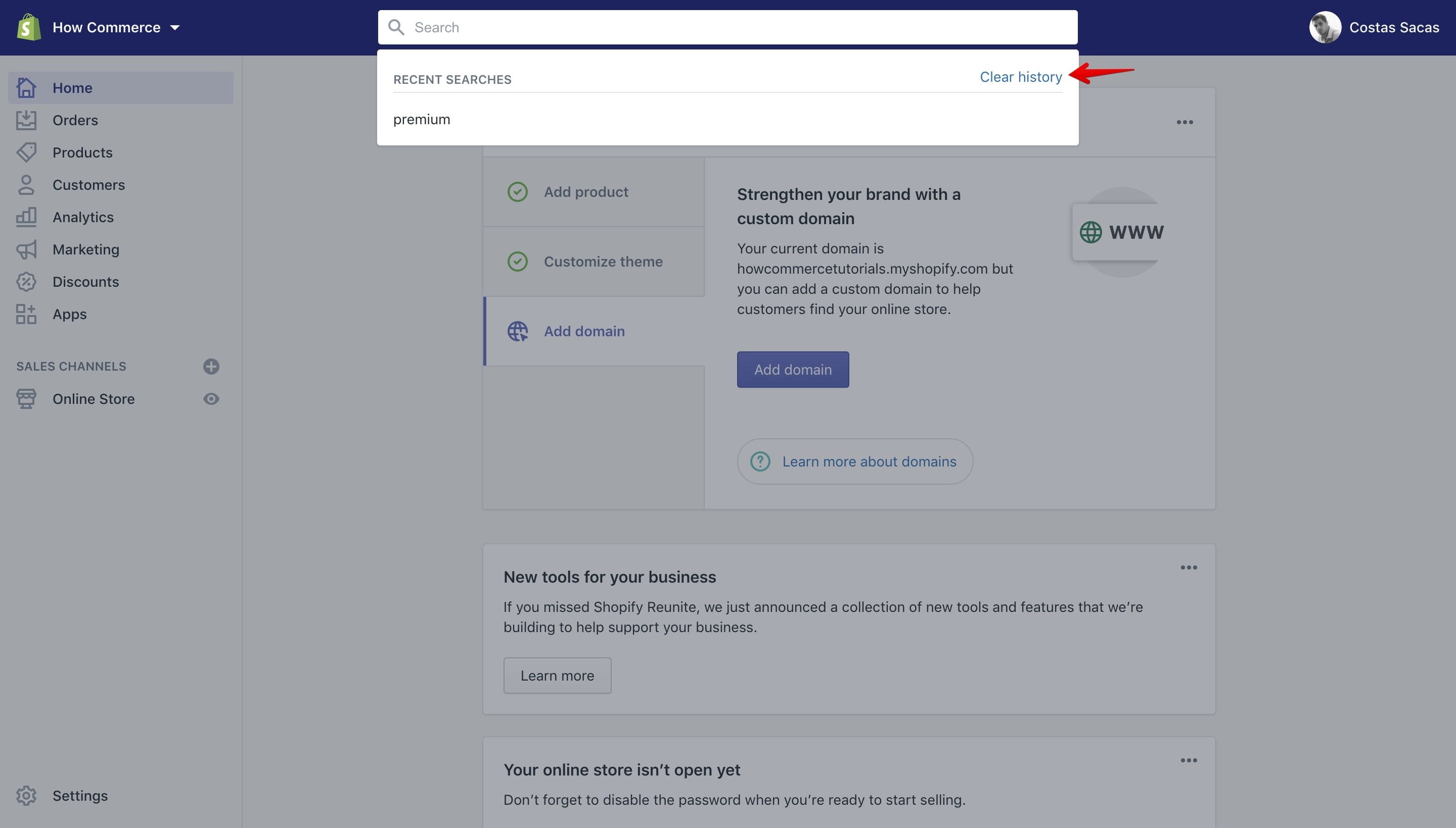 Shopify clear searches history link.